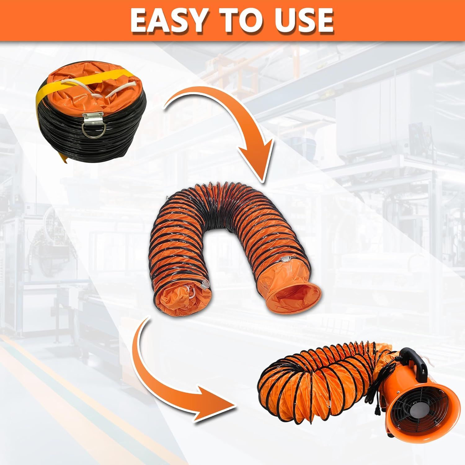Demonstrates the simple 3-step process of uncoiling and extending the flexible duct hose from its compact storage form to its fully extended operational state, reassuring shoppers that setup is…