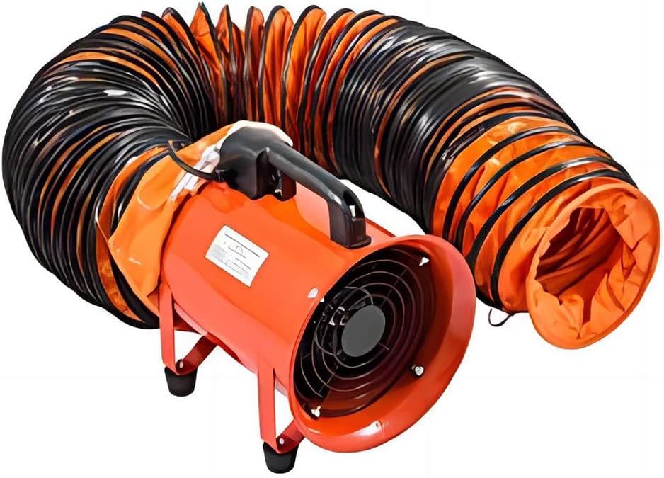 Provides a clean, catalog-style view of the portable ventilation fan with its extended flexible duct hose, allowing shoppers to see the complete product clearly without distractions.