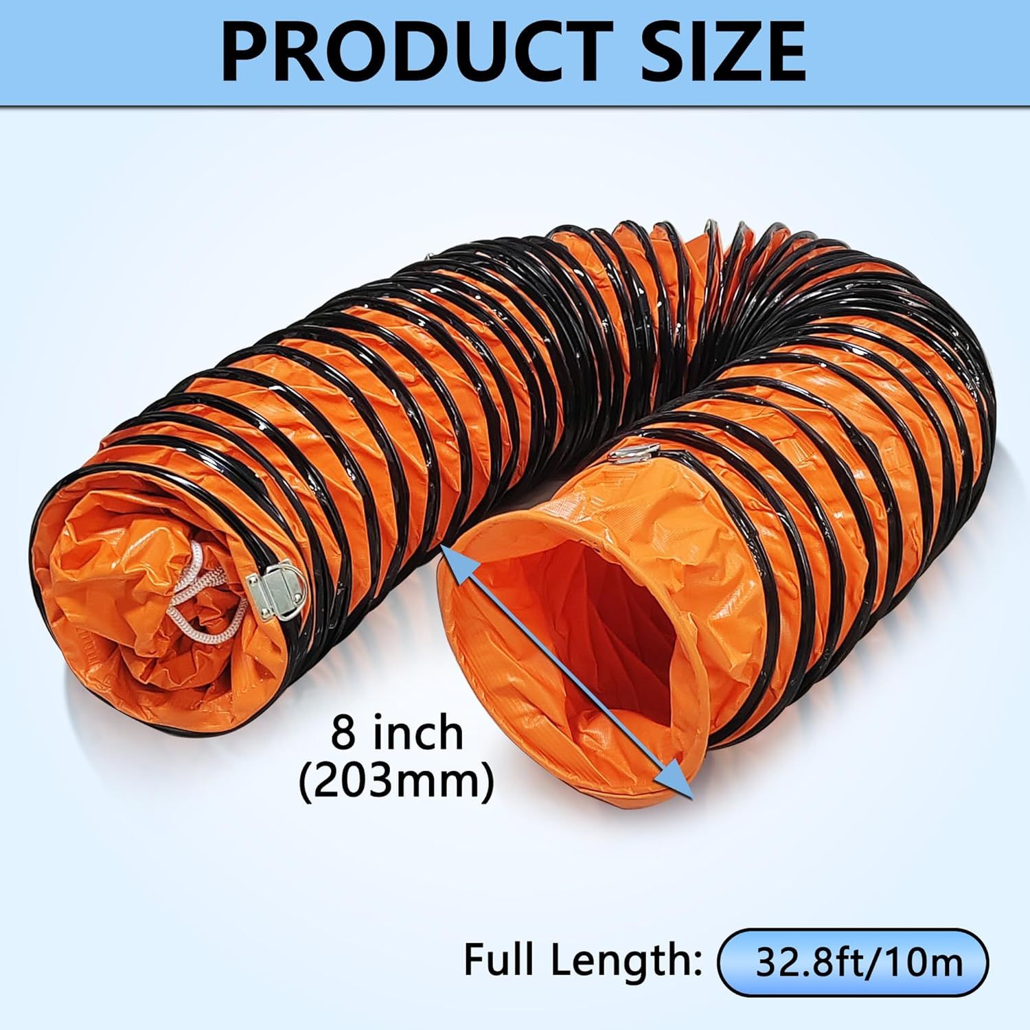 Communicates the physical dimensions of the flexible duct to help shoppers understand the exact size (8-inch diameter, 32.8ft length) and ensure it fits their ventilation needs.