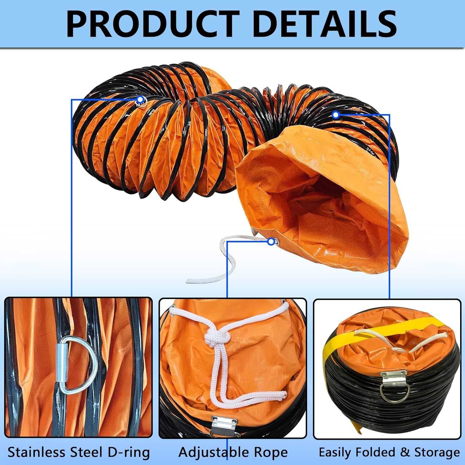 This image breaks down the physical components and features of the flexible ducting product, highlighting the D-ring attachment, adjustable rope mechanism, and compact folding capability to help…