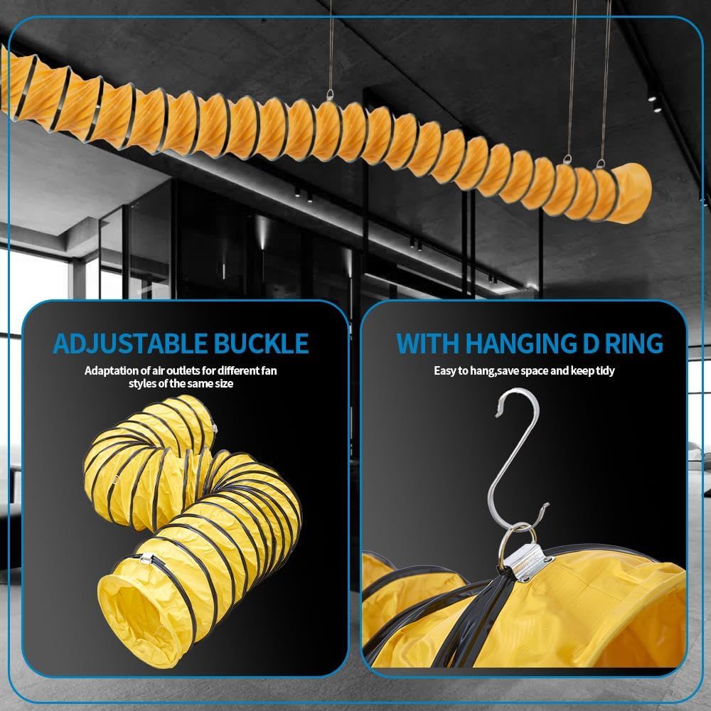 Highlights two distinct product features in a segmented layout: the adjustable buckle for fan compatibility and the hanging D-ring for easy storage and space-saving.