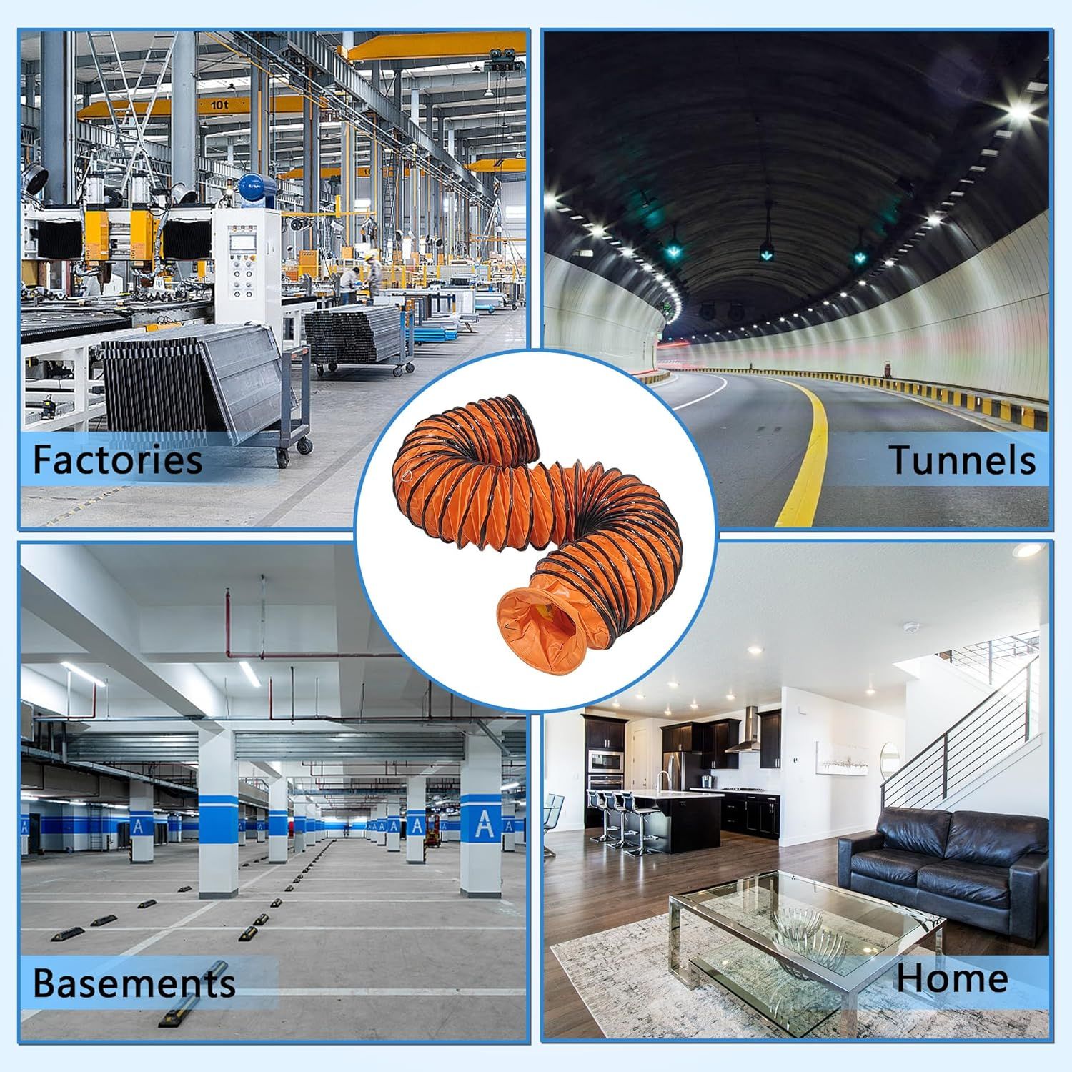 Demonstrates the versatility of the product (flexible ducting/hose) by showing it can be used across multiple environments and industries, from industrial settings to residential applications.
