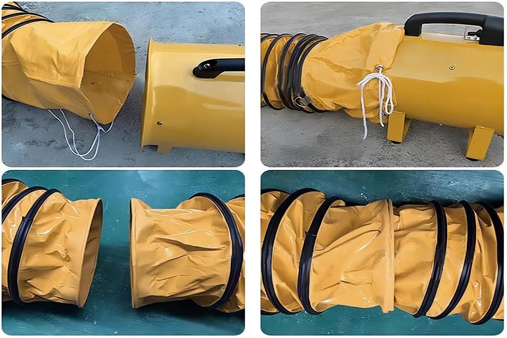Shows all components included with the purchase—the main blower unit and the flexible yellow ducting—to help shoppers understand what they receive in the package.