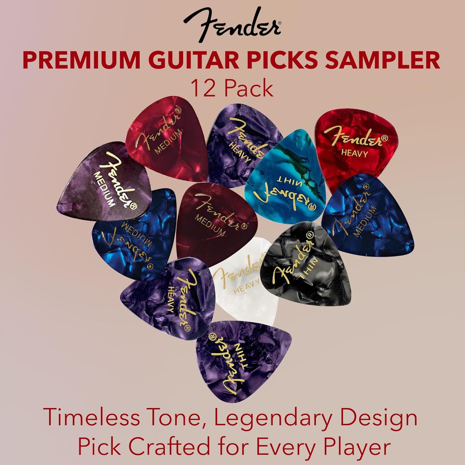 Shows the customer everything included in the sampler pack—12 guitar picks in various colors and thicknesses—to communicate the variety and value of the bundle.