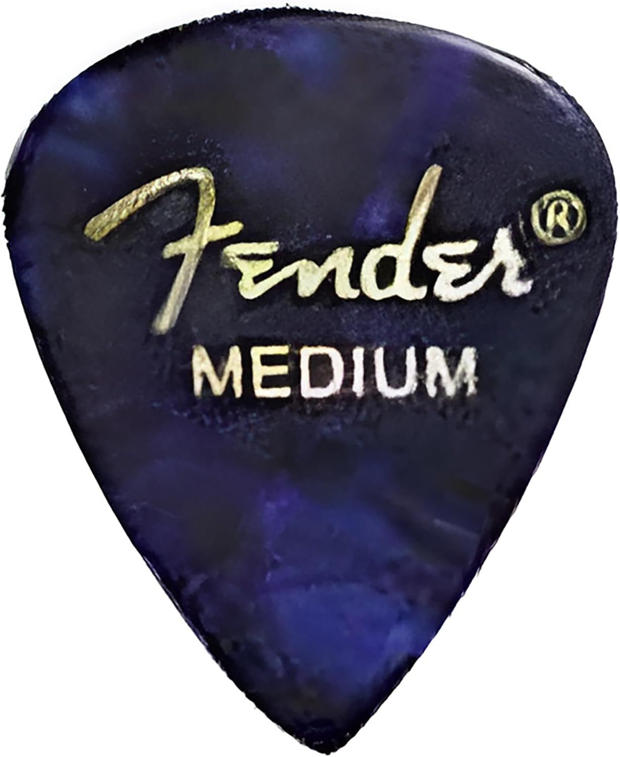Communicates the brand identity and product specification (medium gauge) to reassure shoppers they are purchasing an authentic Fender guitar pick.