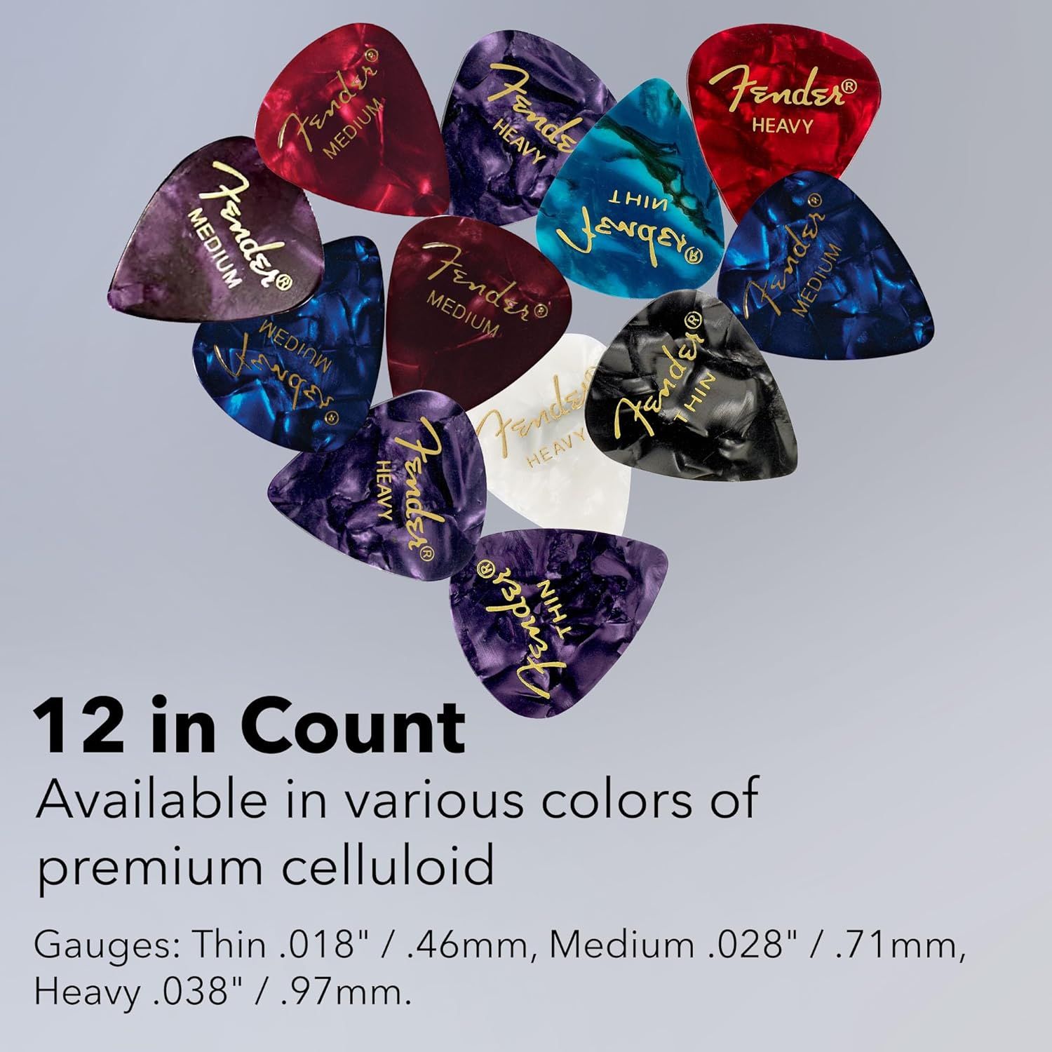 Shows the customer exactly what they receive in the package—a 12-count assortment of Fender guitar picks in various colors and thickness options (Thin, Medium, Heavy).