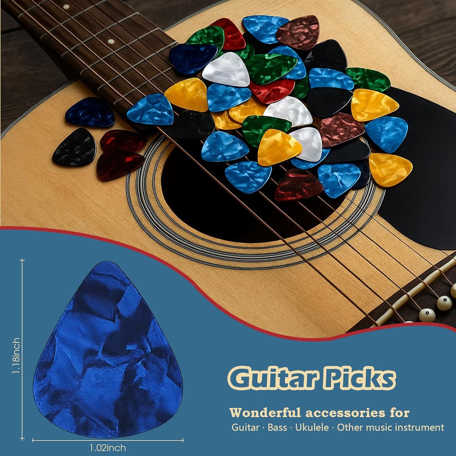 Shows the variety and quantity of guitar picks included in the purchase, demonstrating value and color options available to the customer. Provides exact measurements (1.18h x 1.02inch) to help…