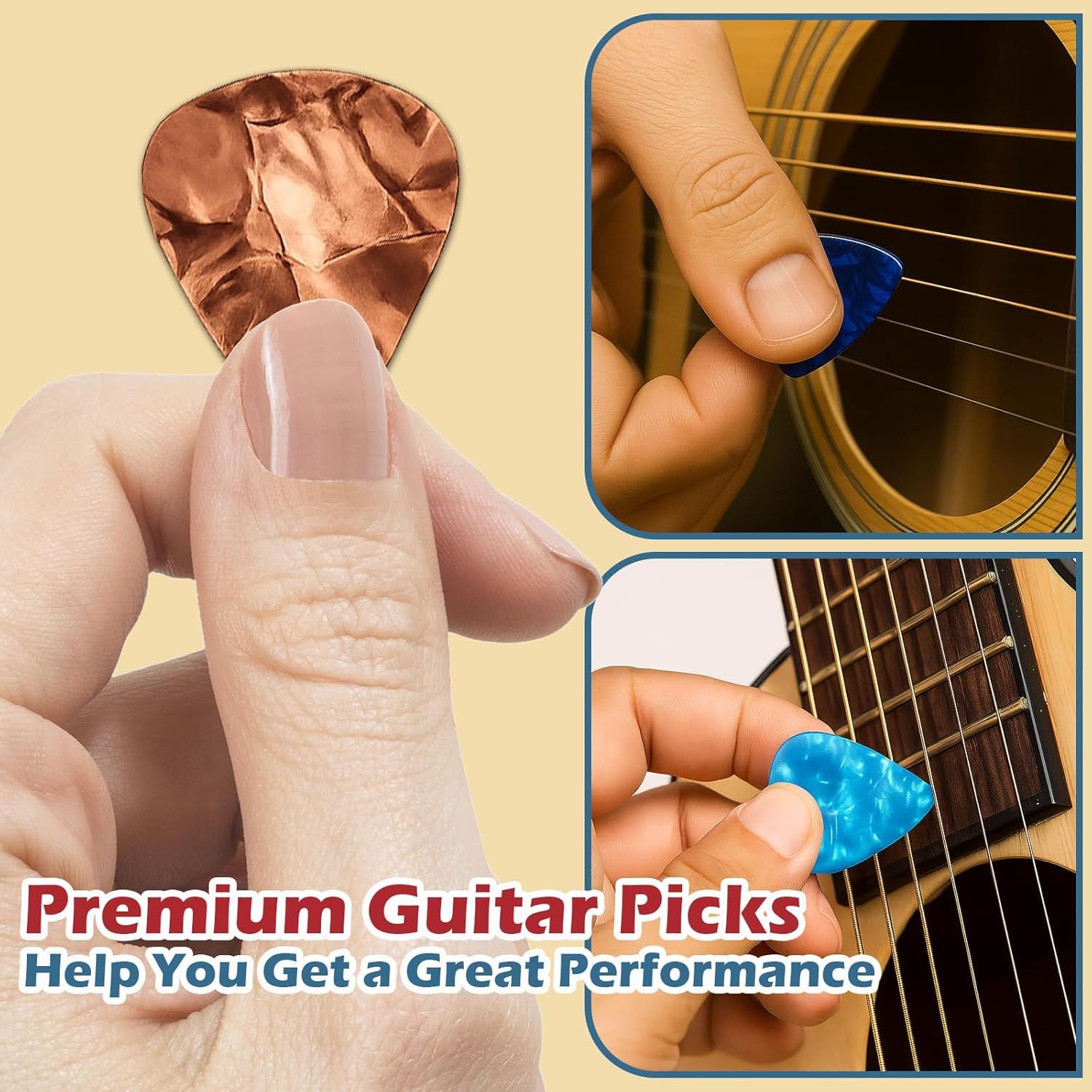 Demonstrates the premium quality of the guitar picks and shows them in use across multiple contexts to communicate their performance benefits for guitarists.