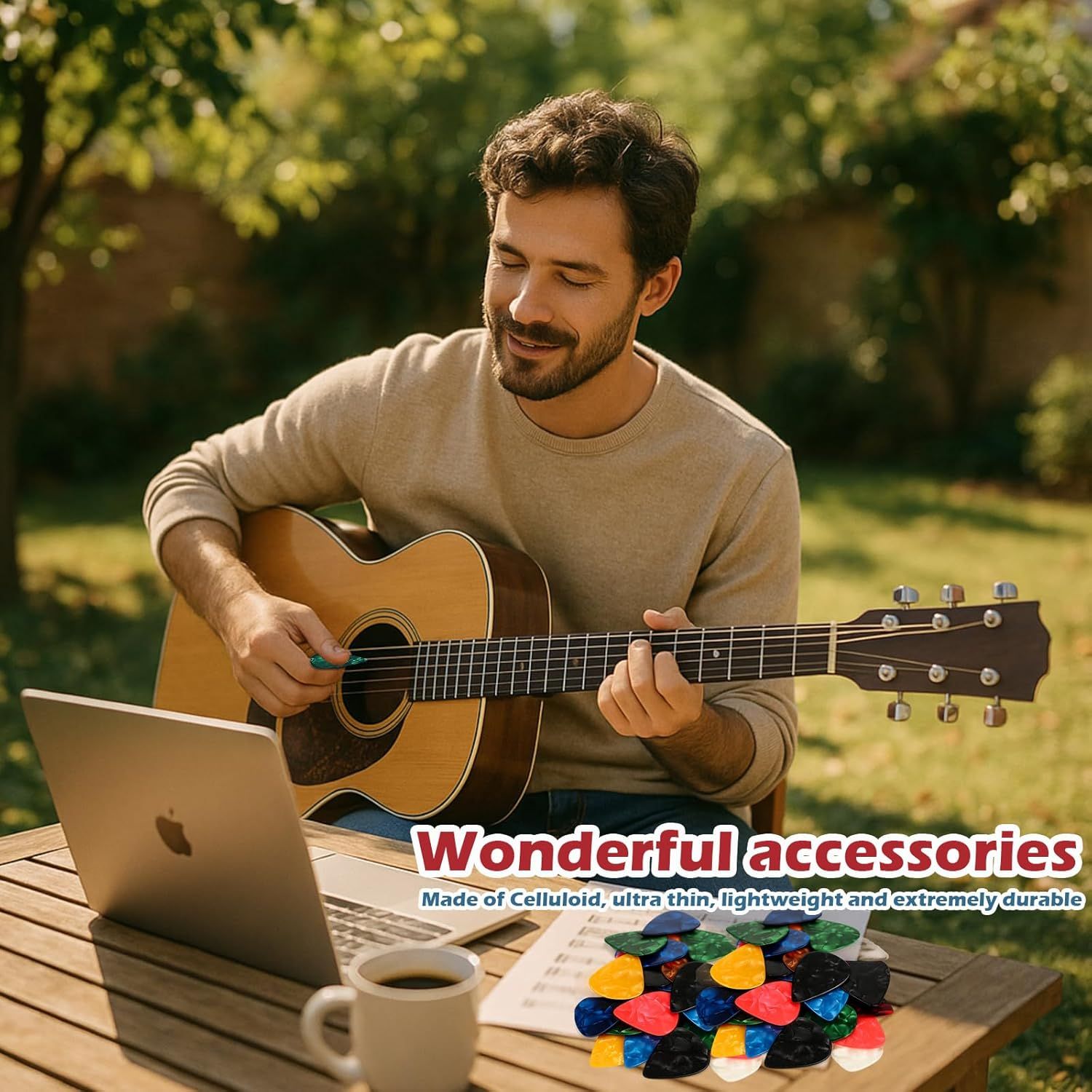 Highlights the guitar picks as wonderful accessories made of celluloid that are ultra-thin, lightweight, and extremely durable, positioning them as ideal for musicians.
