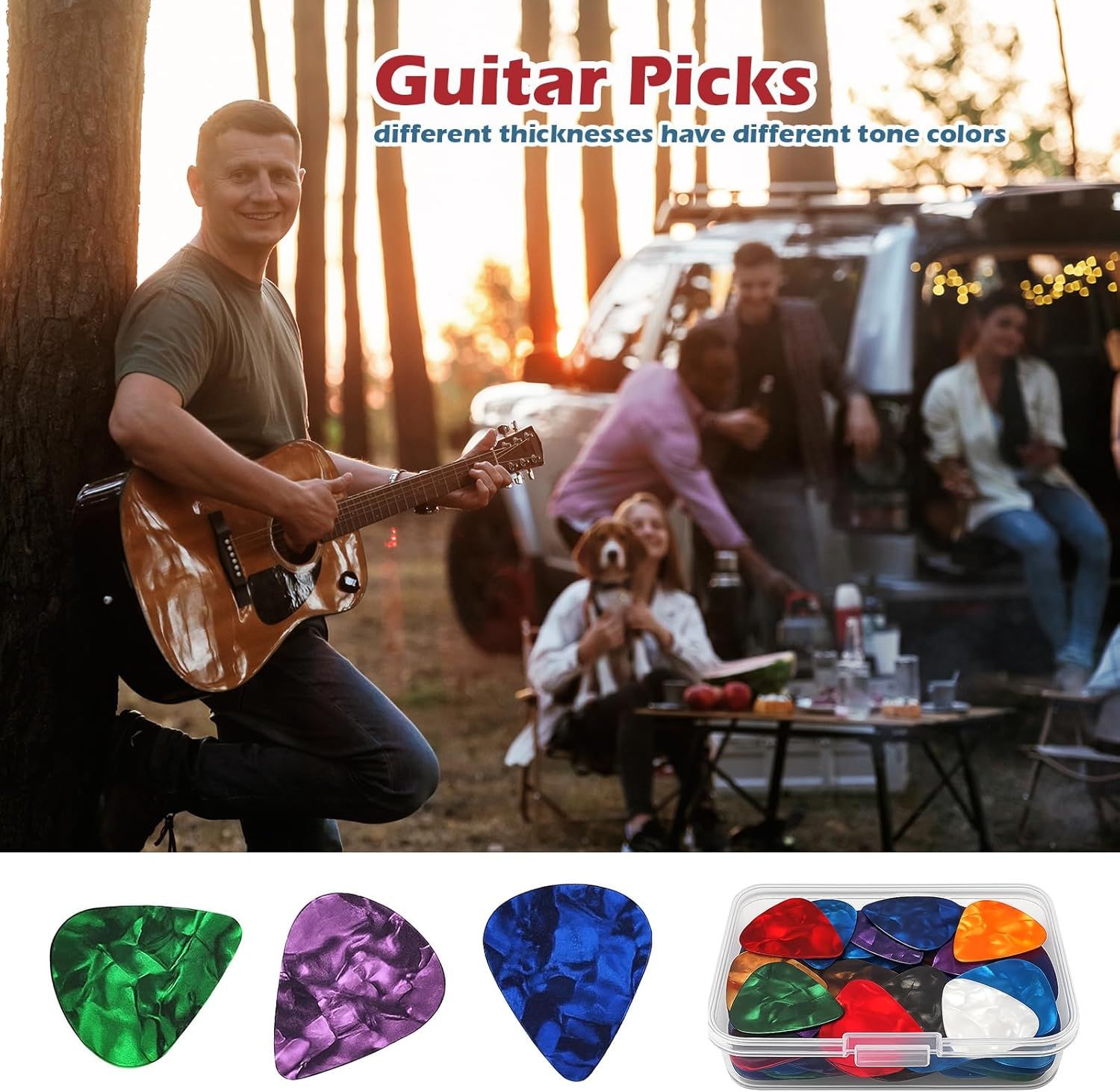 Demonstrates the product (guitar picks) in a real-world outdoor lifestyle setting while showing multiple product options and variations (different colors/thicknesses) to communicate versatility and…