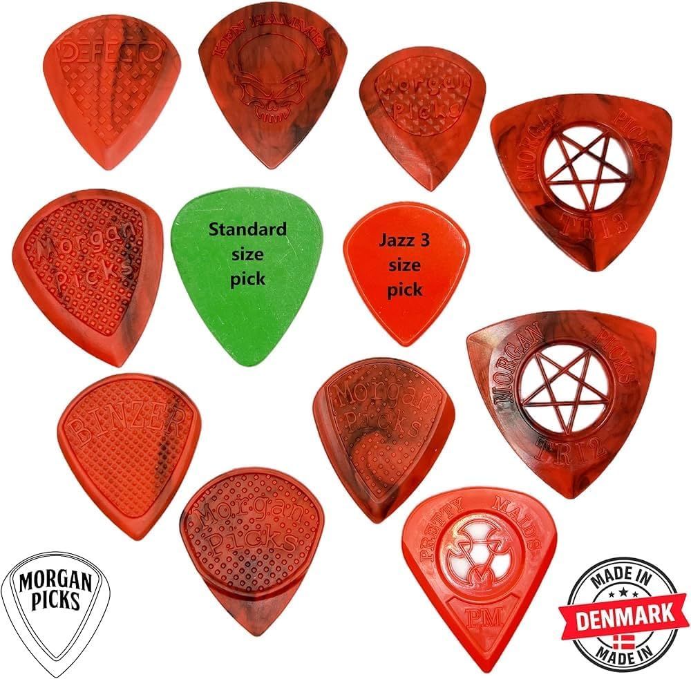 Displays the brand's full product lineup of guitar picks in various designs and sizes, showcasing the variety and craftsmanship of Morgan Picks while emphasizing their Danish manufacturing origin.