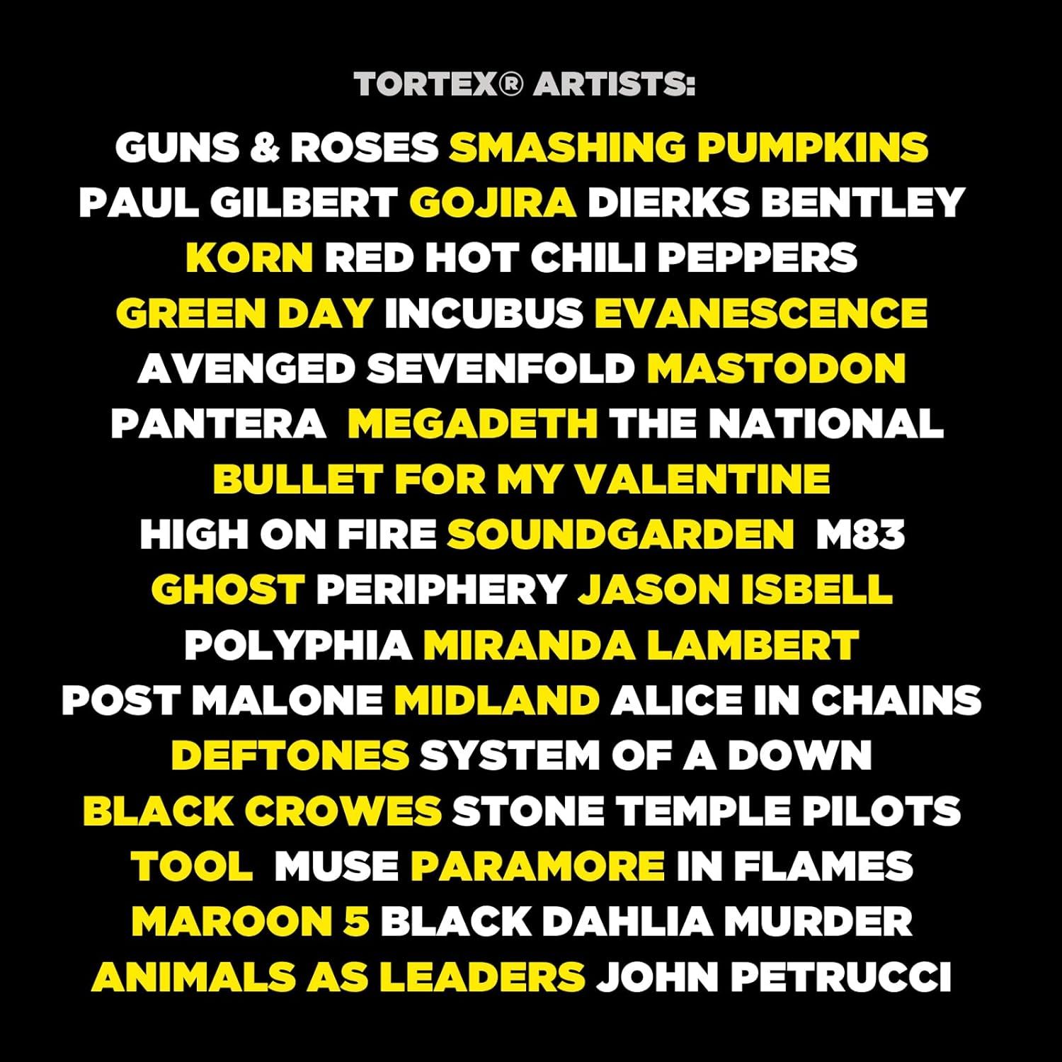 Showcases the brand's extensive roster of famous rock and metal artists to establish credibility and appeal to music fans by highlighting the impressive lineup of musicians featured.
