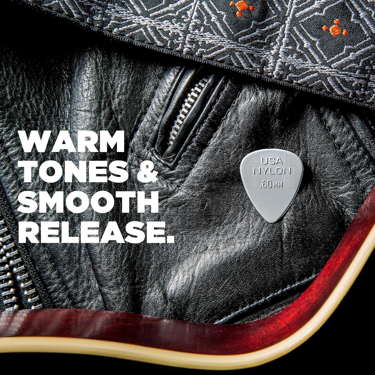 Communicates the tonal quality and smooth playability of the USA Nylon .60mm guitar pick, appealing to musicians seeking warm sound characteristics.