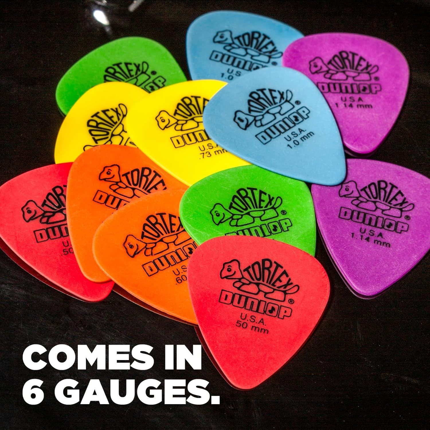Showcases the variety of guitar pick gauges available in the Dunlop Tortex product line, helping shoppers understand the range of options and choose the right thickness for their playing style.