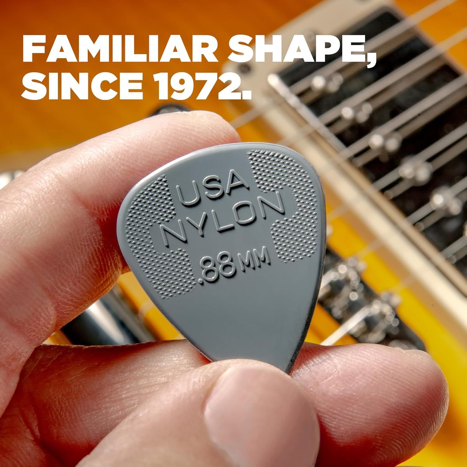 Communicates the brand's long-standing heritage and reliability by highlighting its familiar shape and history since 1972, building trust and emotional connection with musicians.