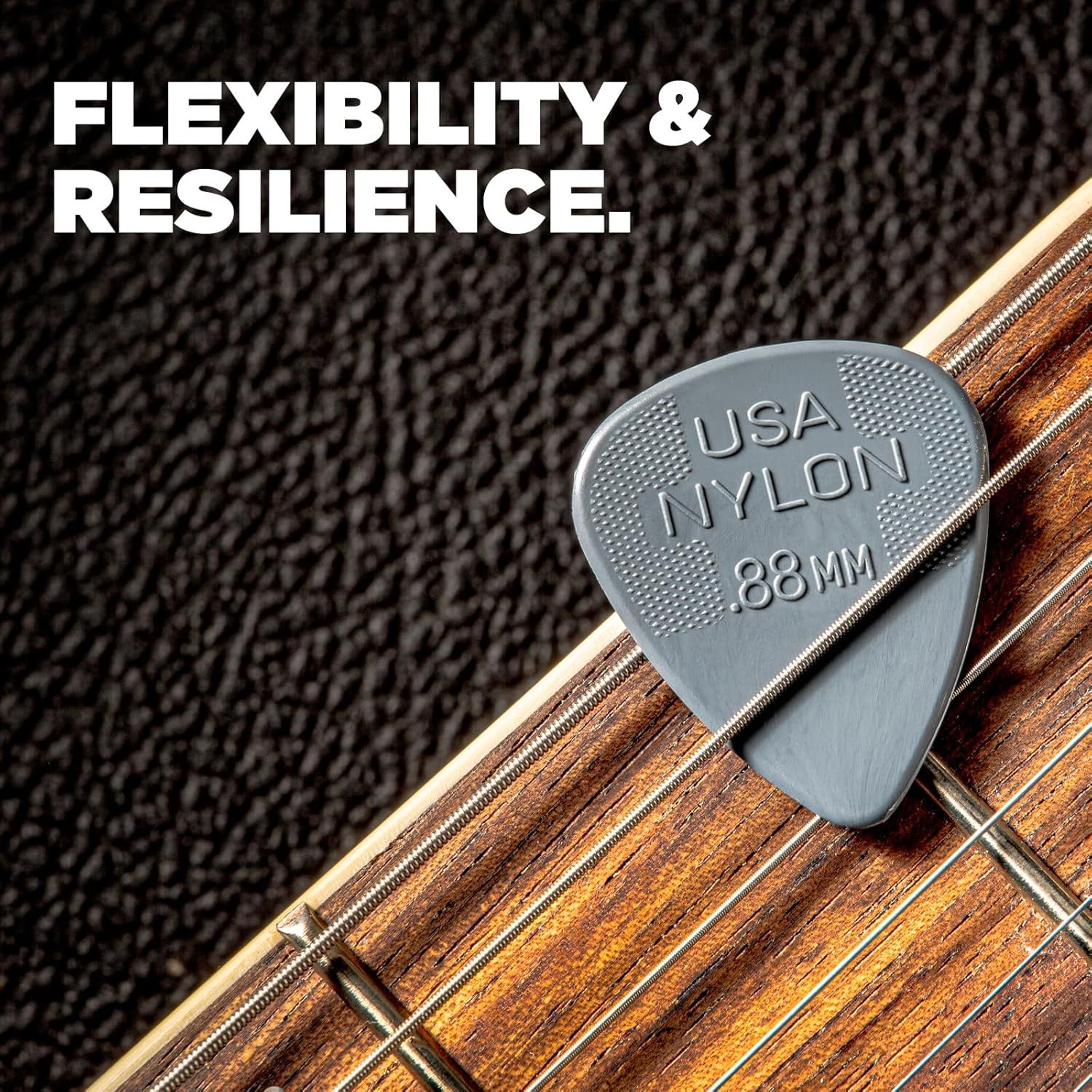 Highlights the guitar pick's flexible and resilient USA nylon material to reassure musicians of its durability and performance quality.