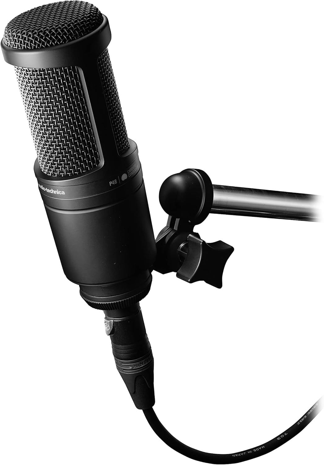Provides a clean, catalog-style view of the microphone with its mounting hardware to show the complete product setup without distractions.