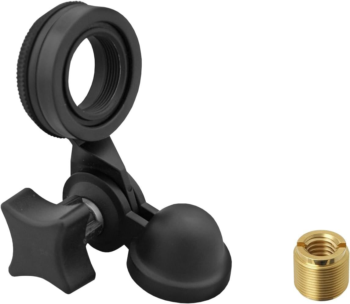 Shows all the parts included in the package—the mounting bracket, ball joint, threaded adapter ring, and brass fitting—to help shoppers understand what they receive and how the components work…
