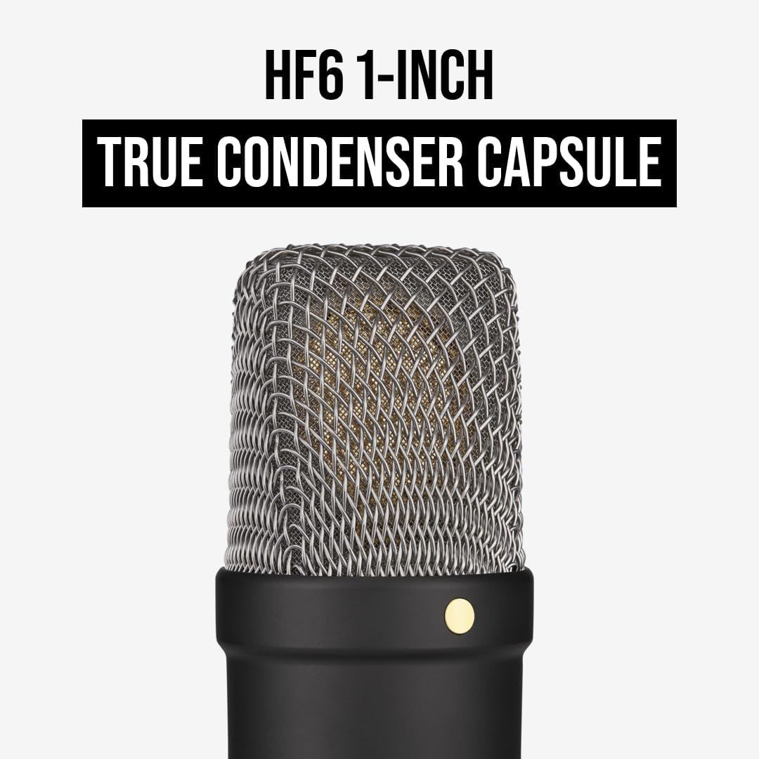 Highlights the product's true condenser capsule technology and 1-inch size to communicate professional audio quality and technical specifications to shoppers.
