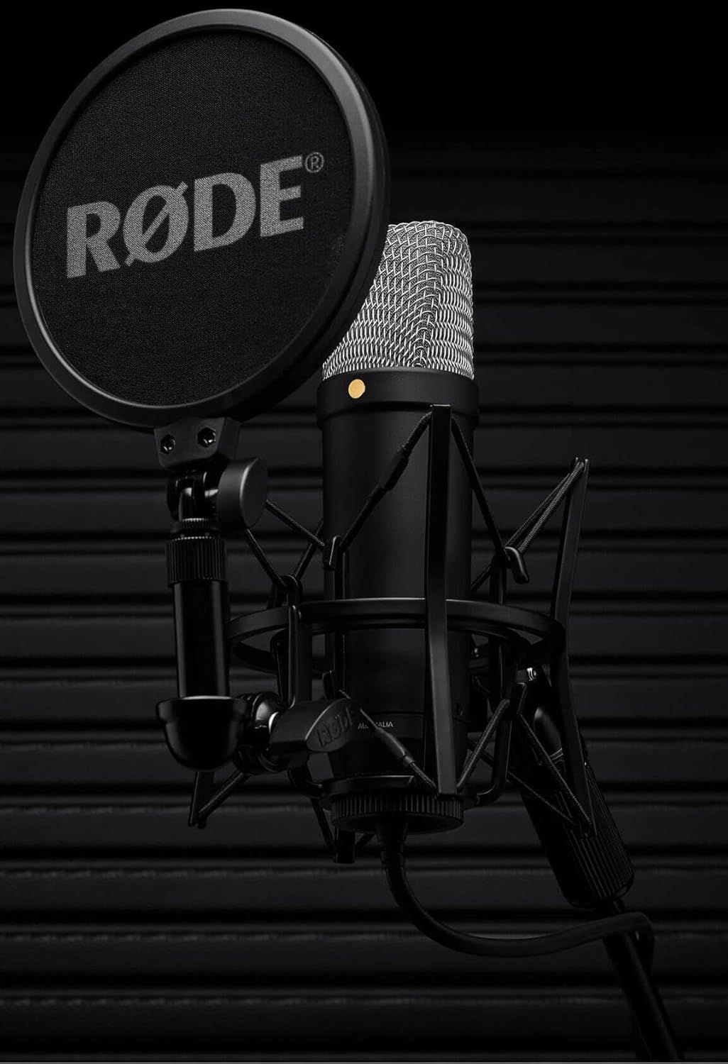Displays the complete microphone setup in a clean, professional manner to show the product and included accessories without distractions.