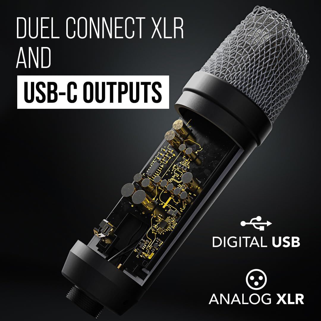 This image reveals the internal circuitry and connection options of the microphone to demonstrate its professional-grade build quality and versatile connectivity (both digital USB and analog XLR…
