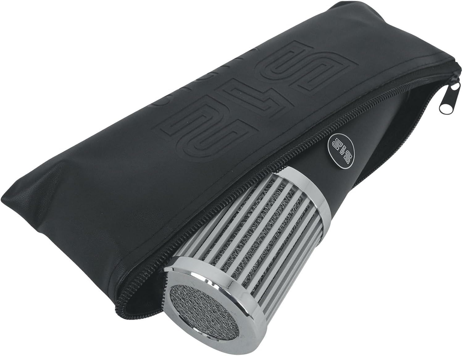Displays the product in a clean, catalog-style format showing the device partially inside its protective carrying case on a white background.