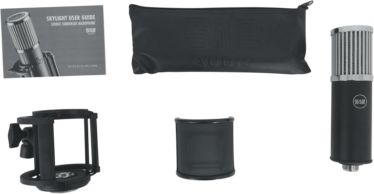 Shows all the items included with the microphone purchase, including the microphone, shock mount, pop filter, carrying case, and user guide to demonstrate the complete value of the package.
