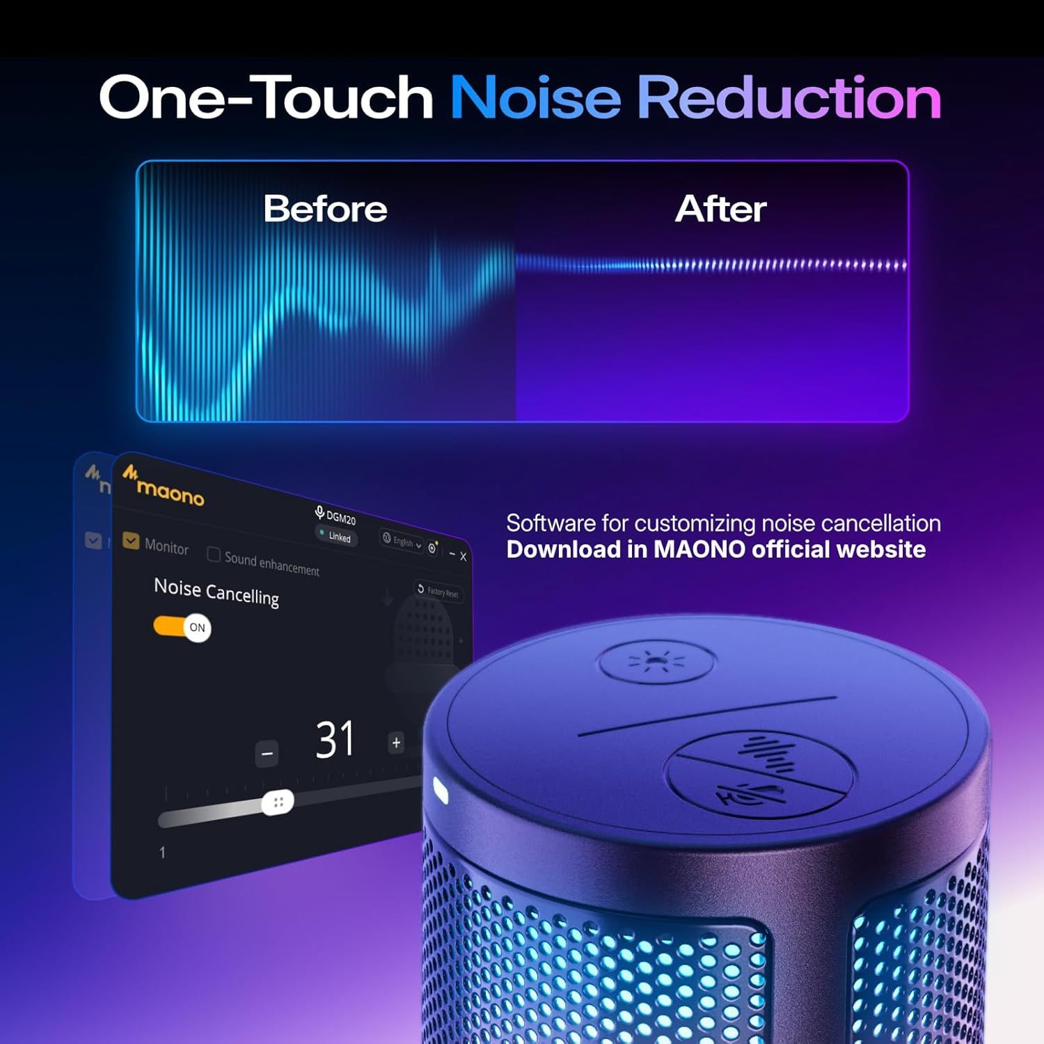 Demonstrates the effectiveness of the product's noise reduction feature by showing a visual transformation from noisy audio (before) to clean audio (after), reassuring shoppers of the product's…