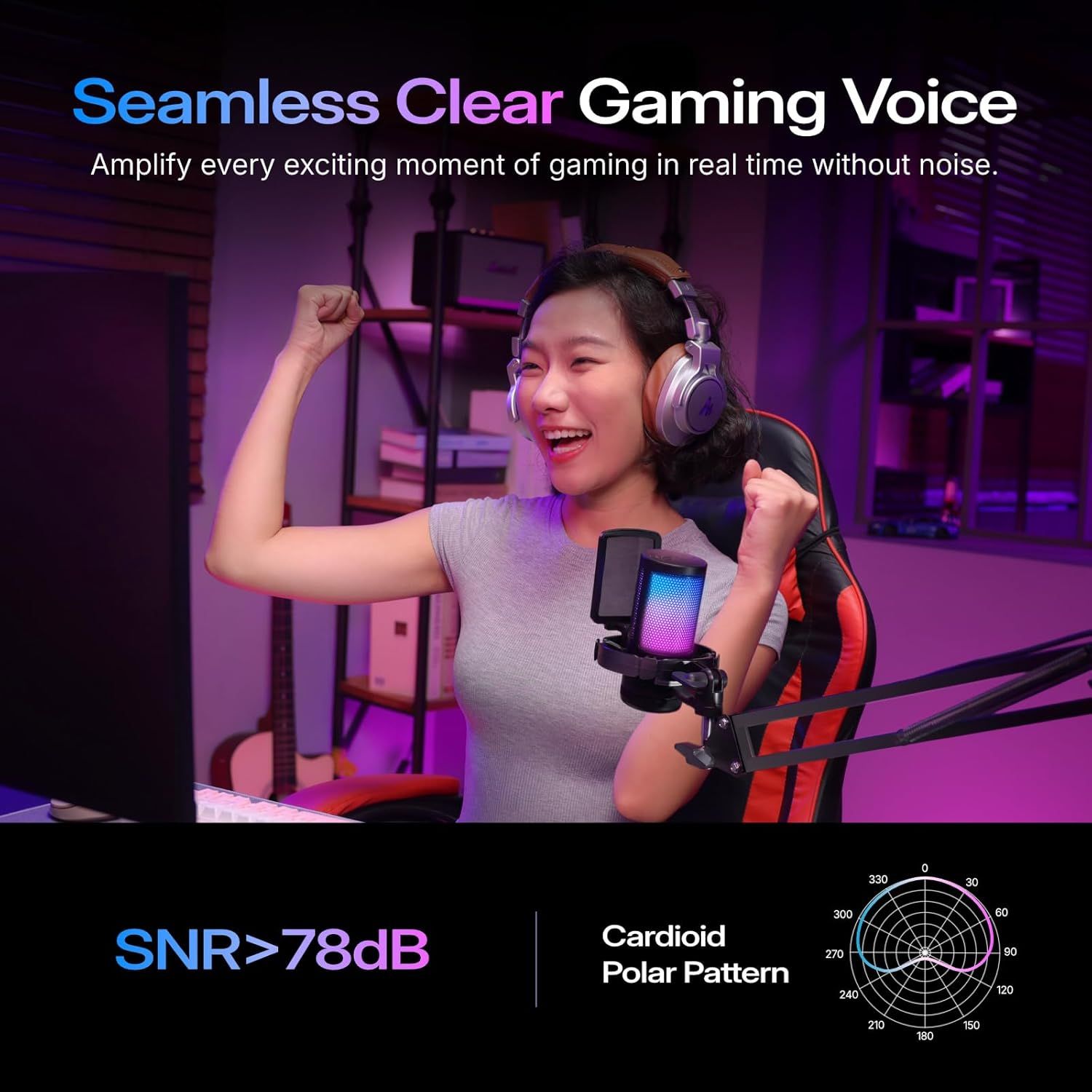 Communicates multiple technical benefits of the gaming microphone including noise-free voice clarity, superior signal-to-noise ratio, and directional pickup pattern to reassure gamers of…