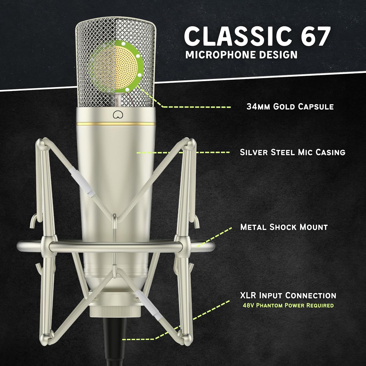 This image breaks down the physical components and construction of the microphone, highlighting key parts like the gold capsule, steel casing, shock mount, and XLR connection to help shoppers…