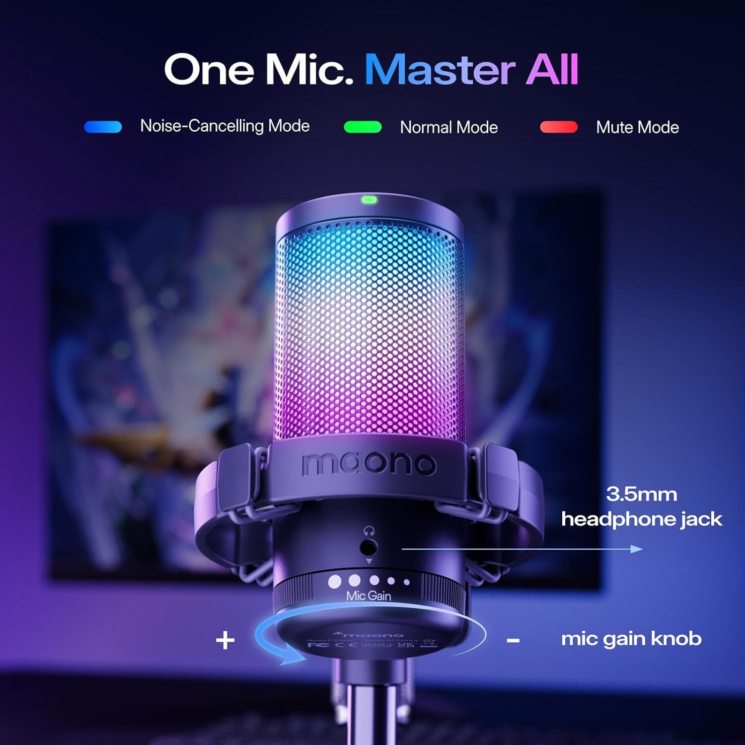 Highlights the physical components and controls of the microphone, showing shoppers the key functional parts including the headphone jack, gain control knob, and three operational modes…
