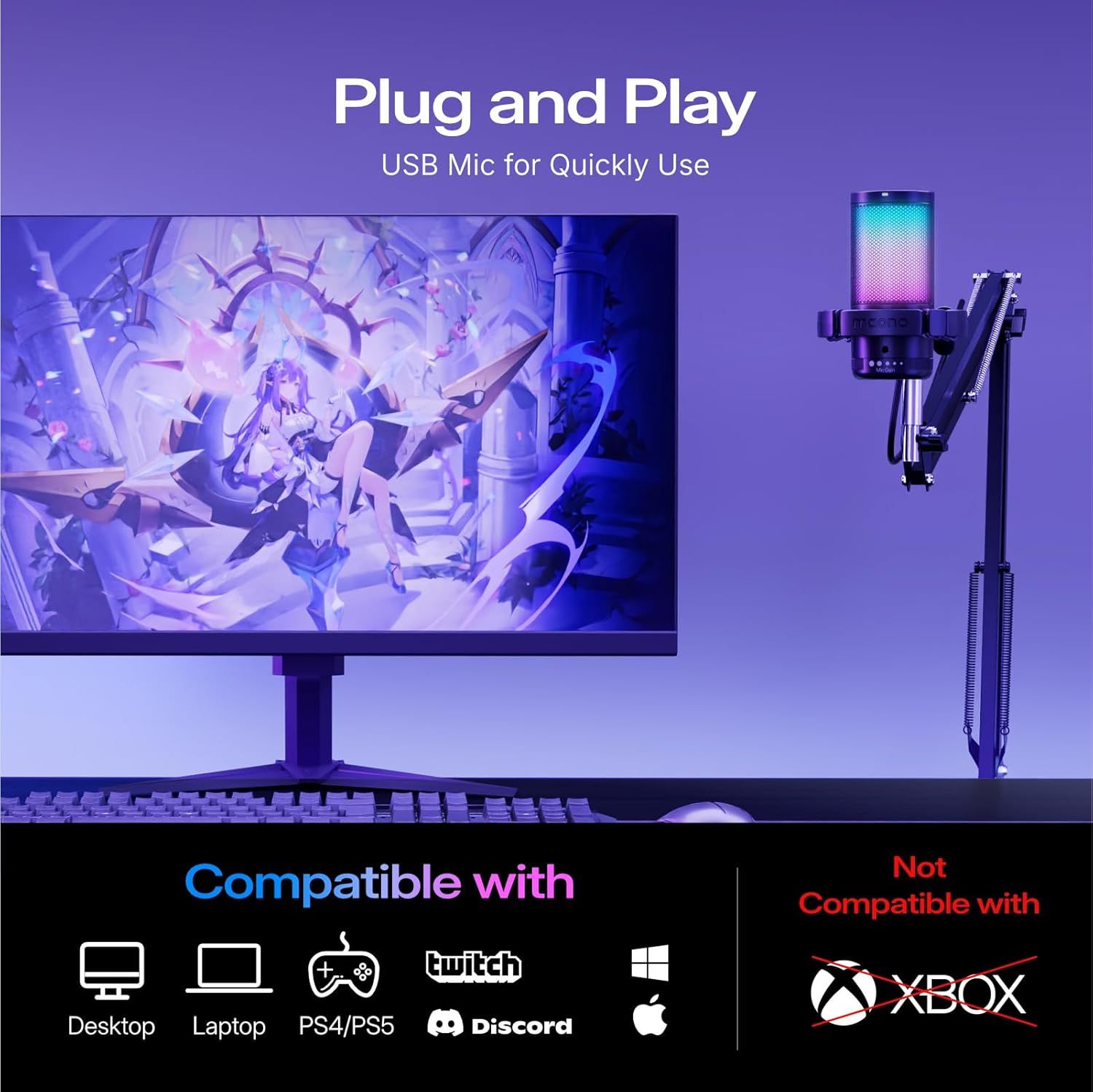 Demonstrates which devices and platforms the USB microphone is compatible with (Desktop, Laptop, PS4/PS5, Twitch, Discord, Mac) and explicitly shows it is not compatible with Xbox, helping shoppers…