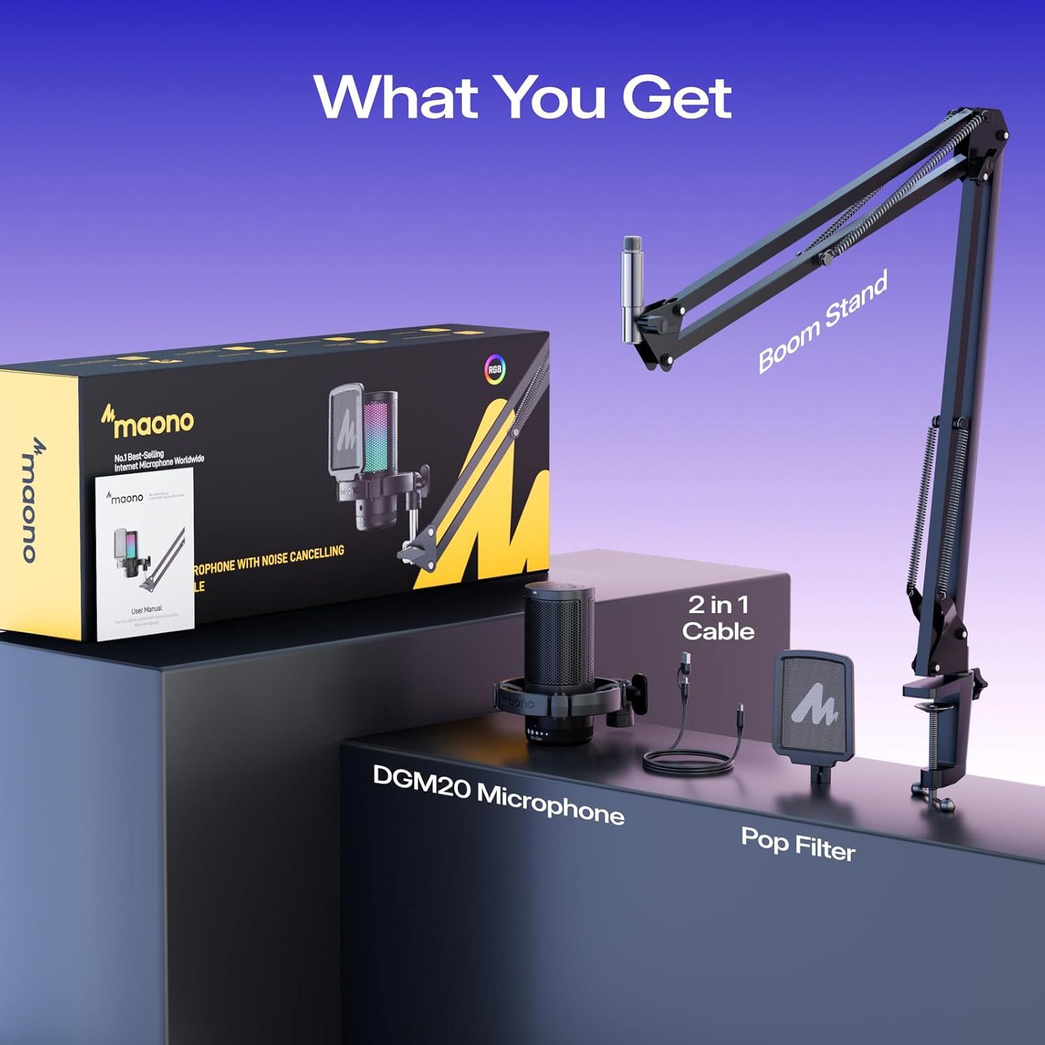 Shows all the components included in the package—microphone, boom stand, pop filter, and cable—to help shoppers understand the complete value and contents of their purchase.