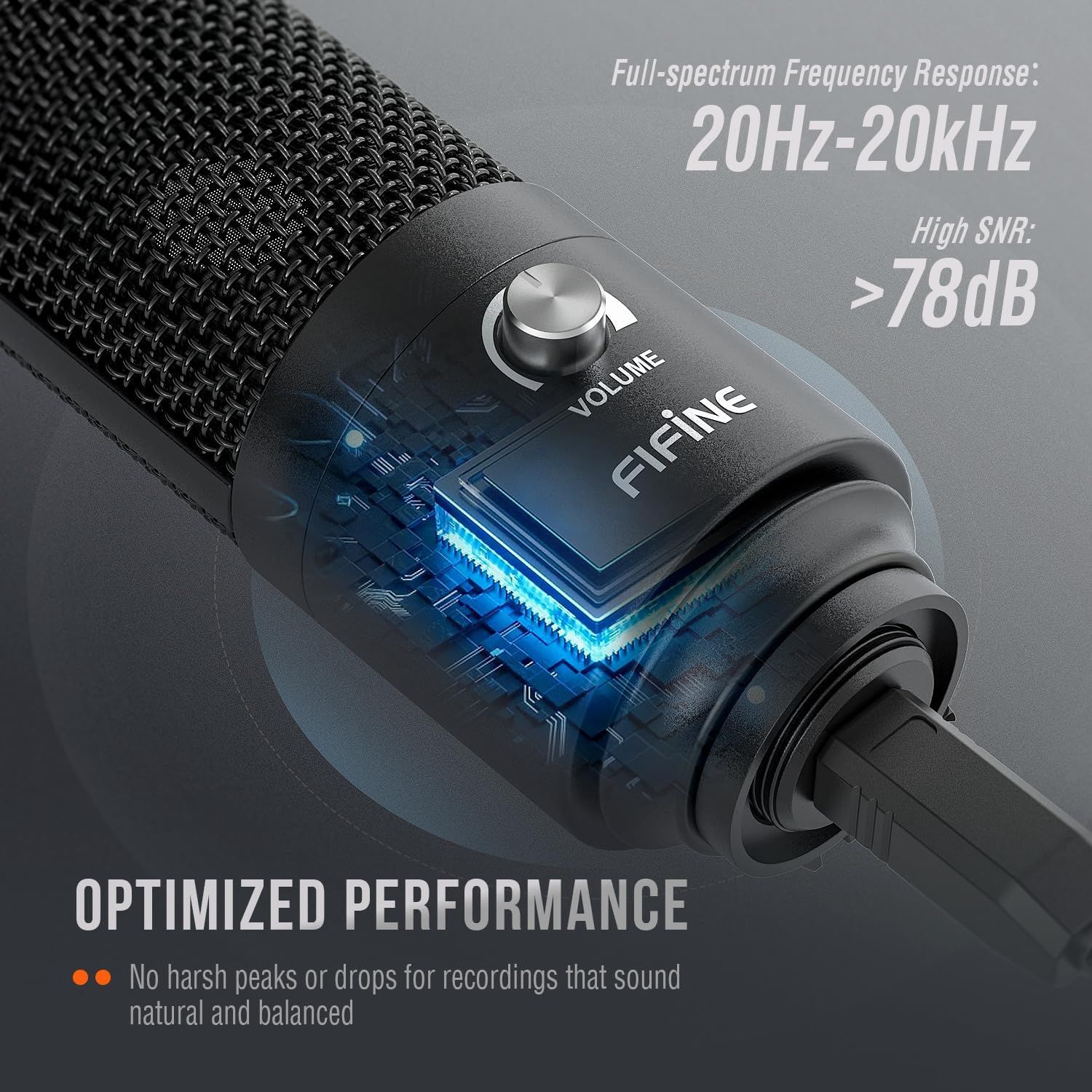 Communicates the microphone's superior audio performance with technical specifications (20Hz-20kHz frequency response and >78dB SNR) to reassure shoppers of professional-grade recording quality with…