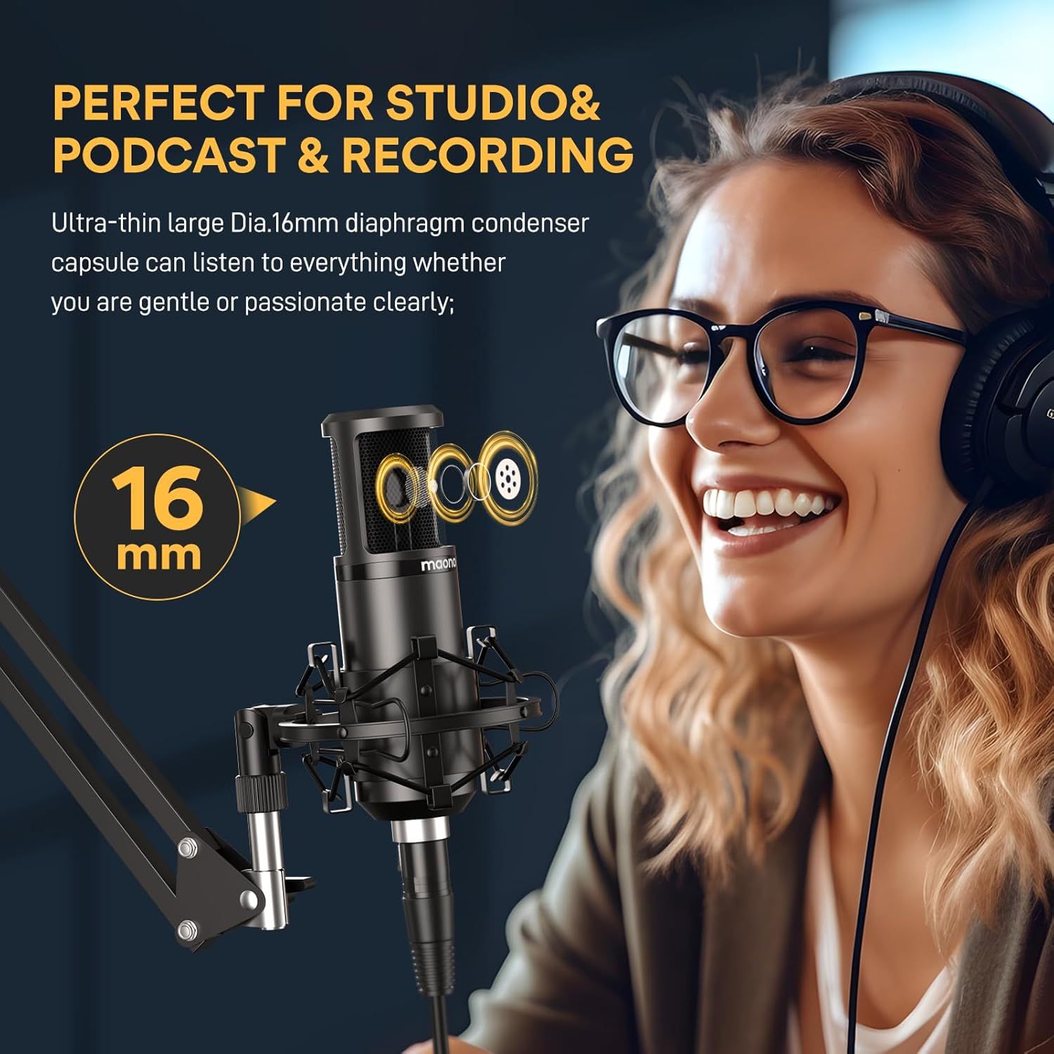 Demonstrates the microphone's suitability for professional studio, podcast, and recording applications, reassuring shoppers that it's designed for content creation environments. Highlights the…