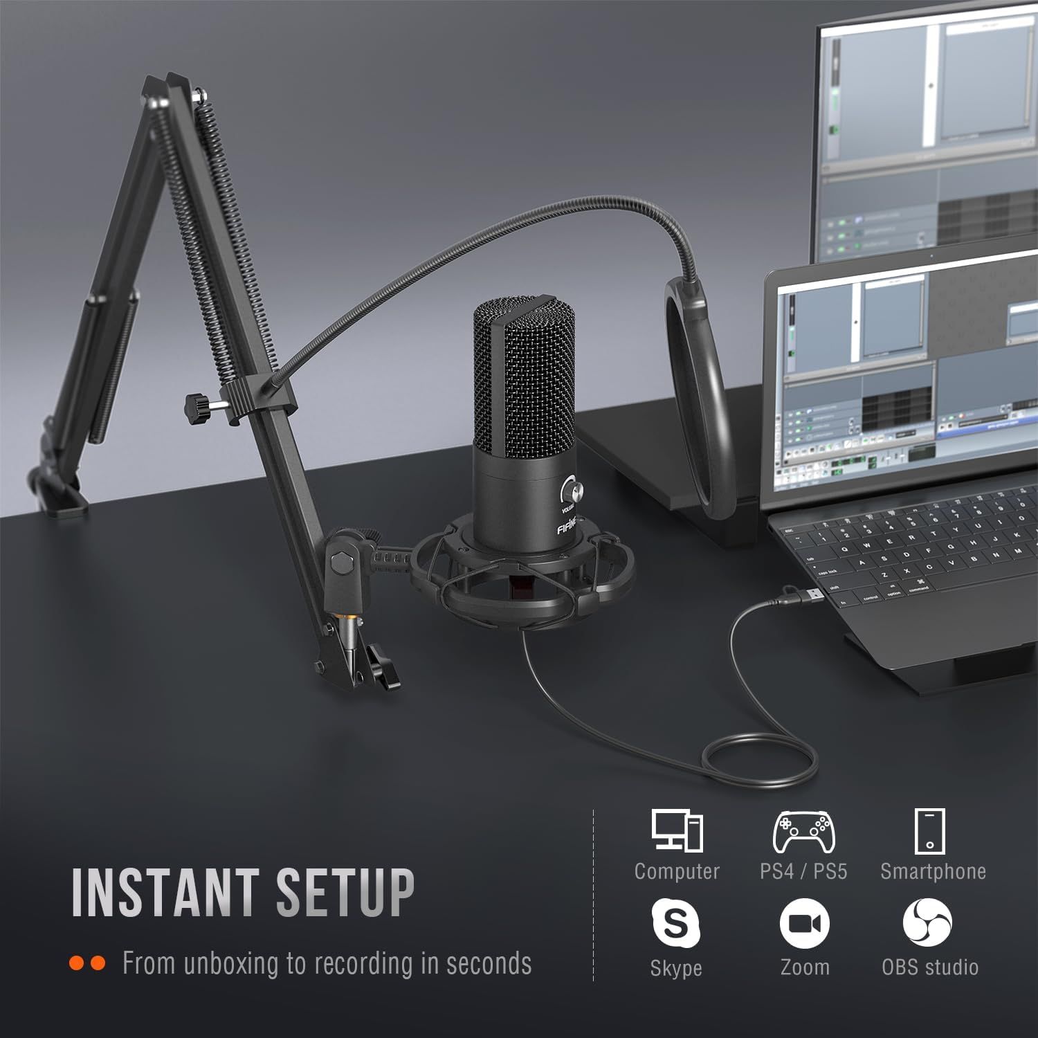 Demonstrates the microphone's versatility by showing it works across multiple devices and platforms (Computer, PS4/PS5, Smartphone, Skype, Zoom, OBS Studio), reassuring shoppers of broad…