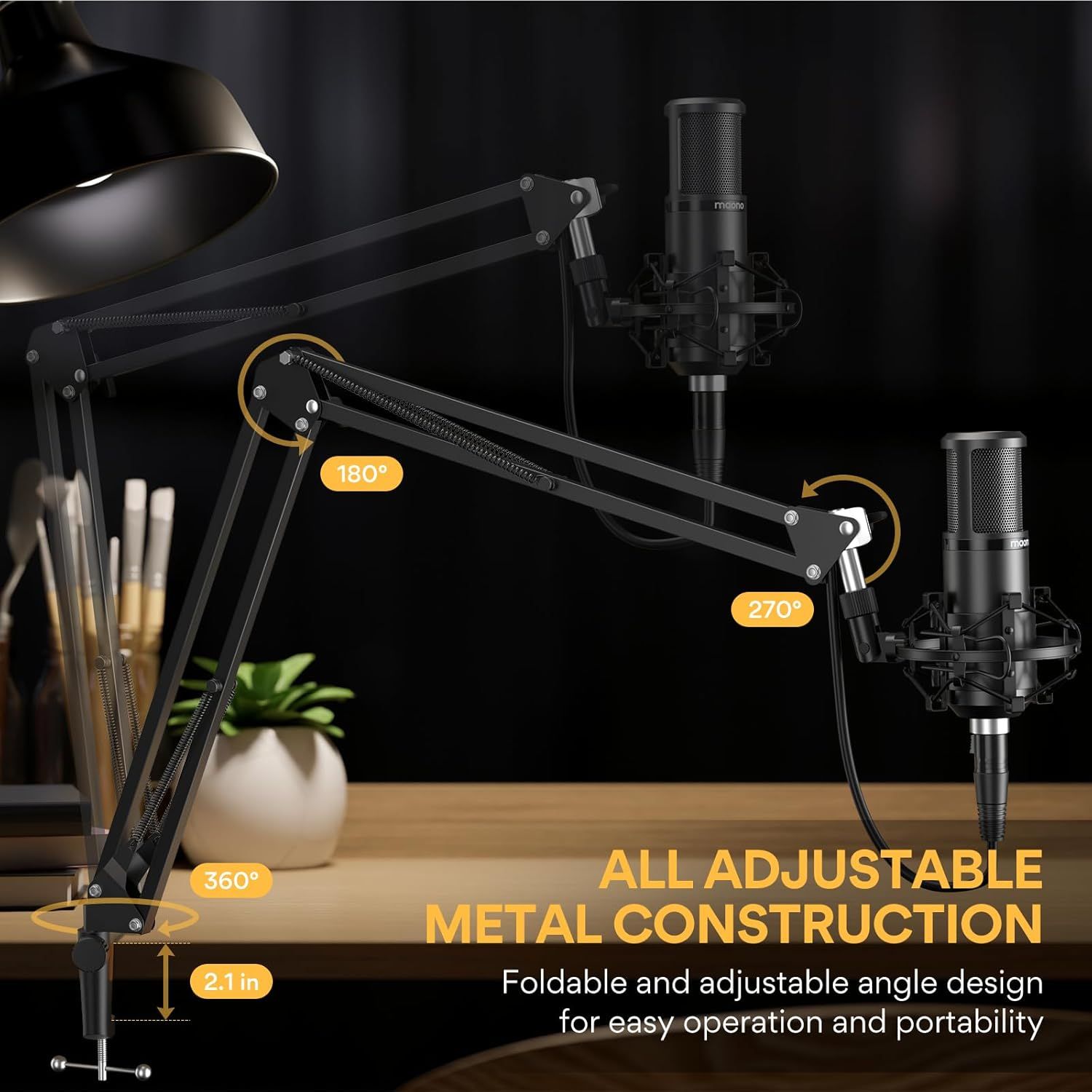 Highlights the physical construction and adjustability features of the microphone boom arm, showing specific rotation angles (180°, 270°, 360°) and base height (2.1 in) to demonstrate its flexible…