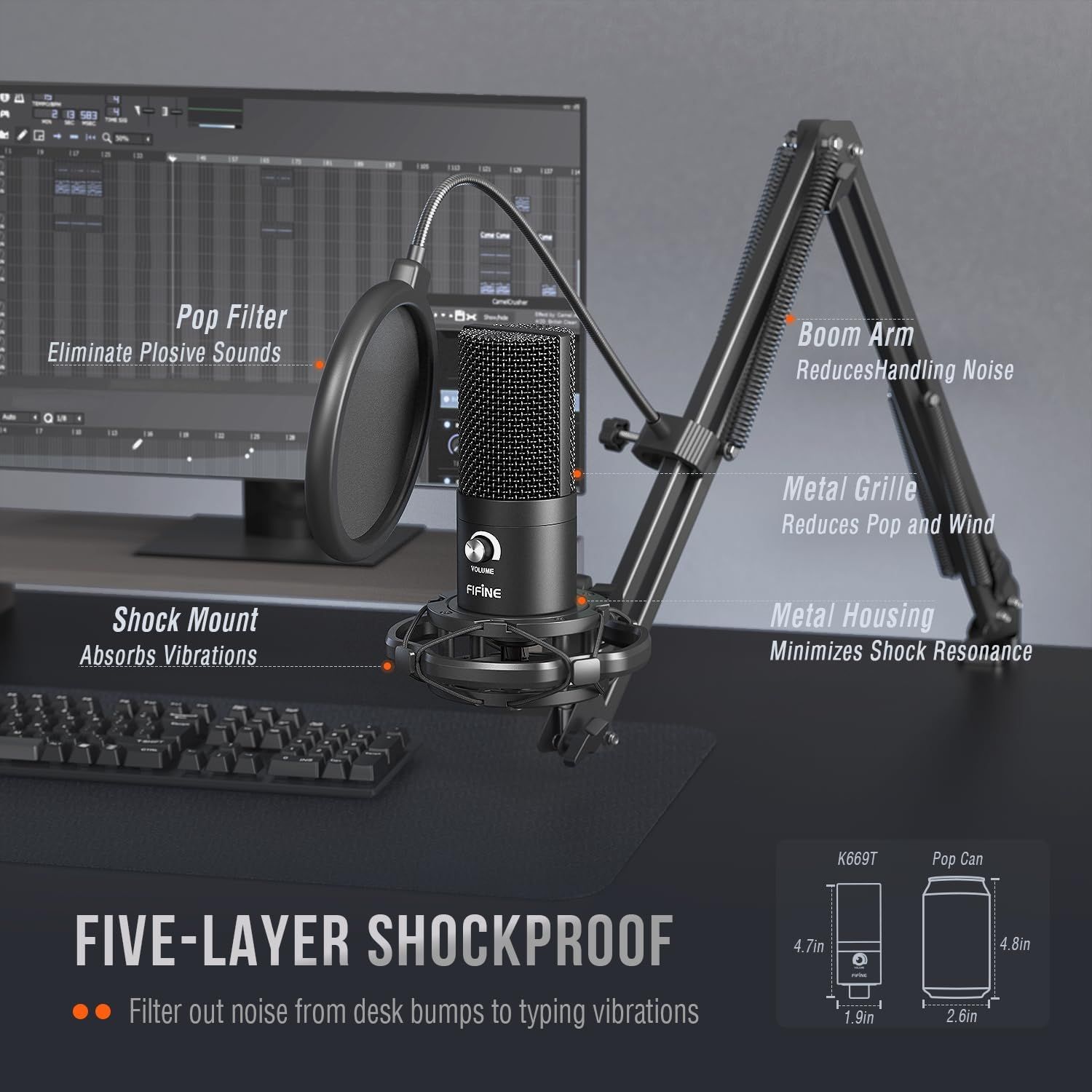 This image breaks down the microphone's physical components and noise-reduction features to educate shoppers on how each part contributes to professional audio quality and shock absorption.…