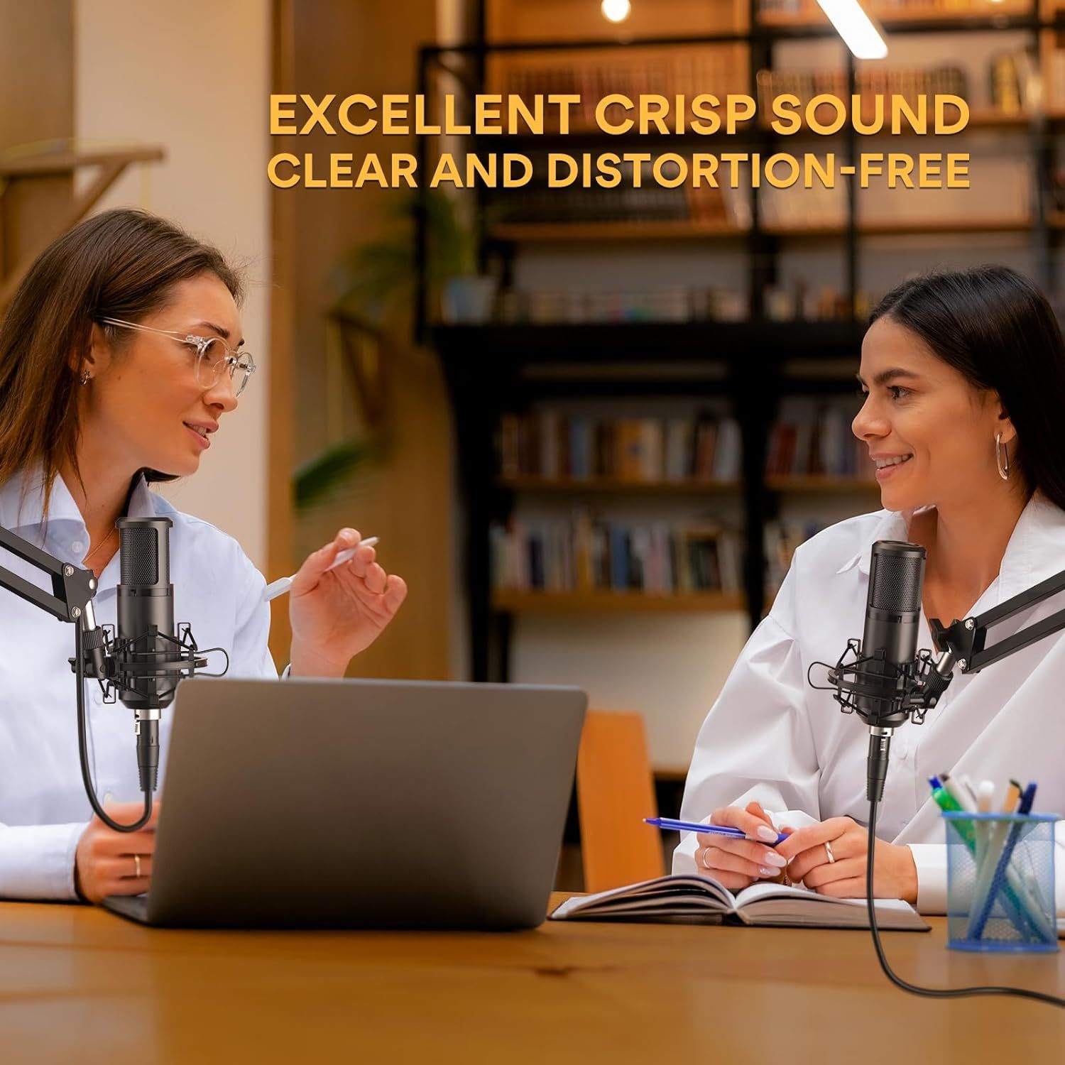 Communicates that the microphones deliver excellent, clear, and distortion-free audio quality, reassuring podcasters and content creators of professional sound performance.