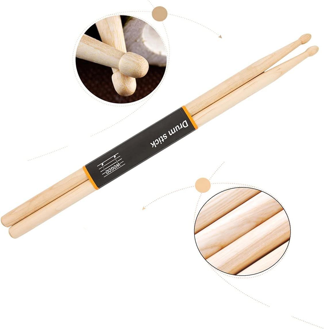 Highlights the natural wood construction and grain detail of the drumsticks to communicate quality materials and craftsmanship.