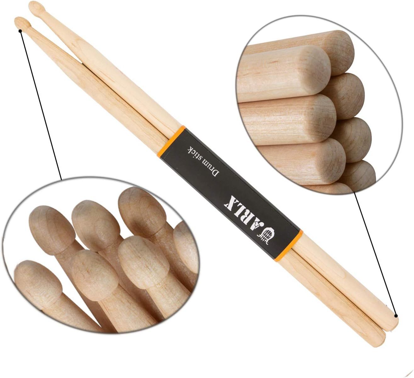 Highlights the physical construction and quality of the drumsticks by zooming in on the rounded tip design and natural wood grain, reassuring shoppers of craftsmanship and material quality.