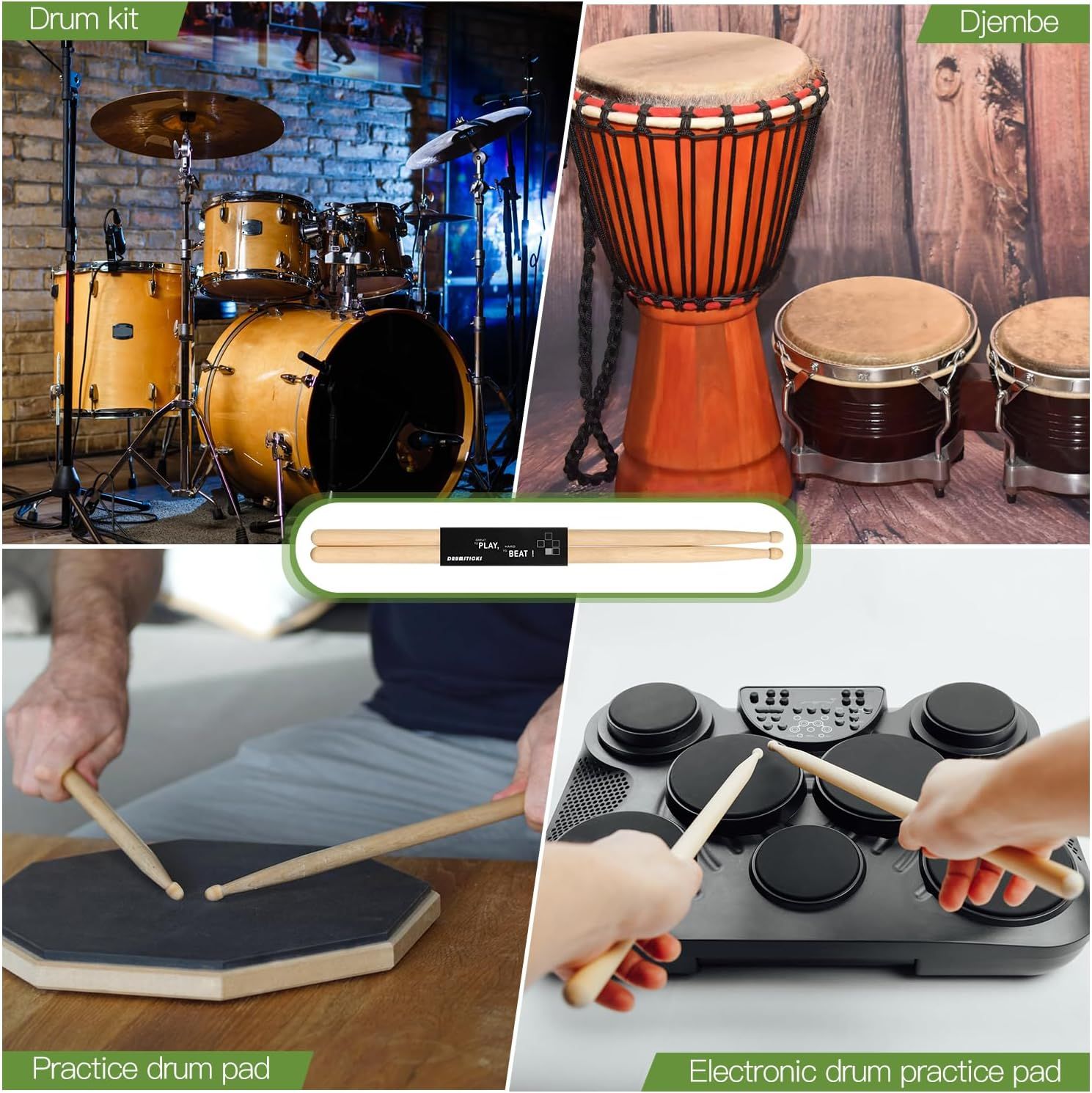 Displays the brand's full range of drum and percussion products to help shoppers understand the variety of options available and choose the right product for their needs.