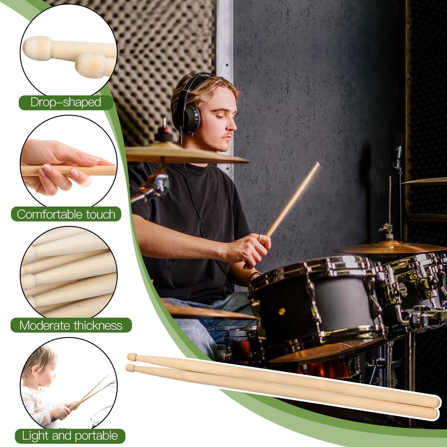 Highlights multiple distinct benefits of the drumsticks through a segmented layout, showing the drop-shaped design, comfortable grip, moderate thickness, and lightweight portability to help shoppers…