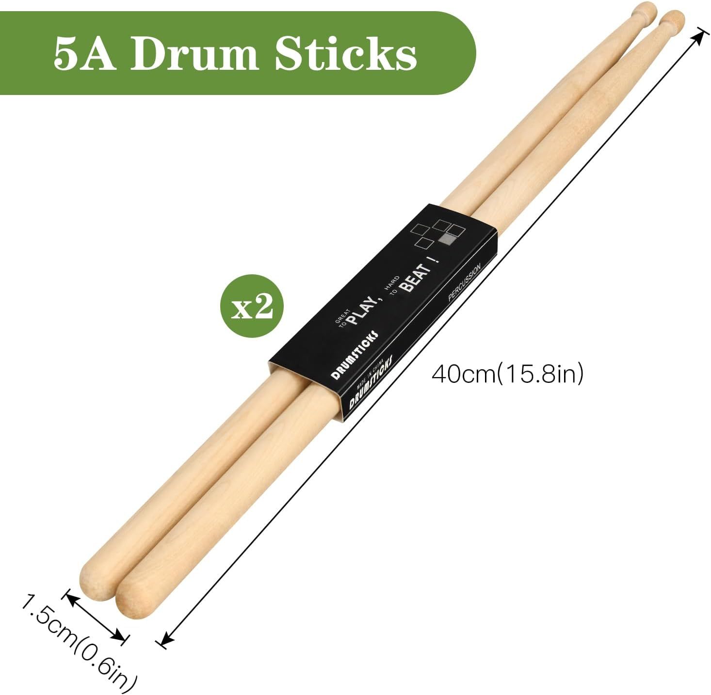 Communicates the exact physical size of the drum sticks (40cm length, 7.5cm diameter) to help shoppers understand the product dimensions before purchase.