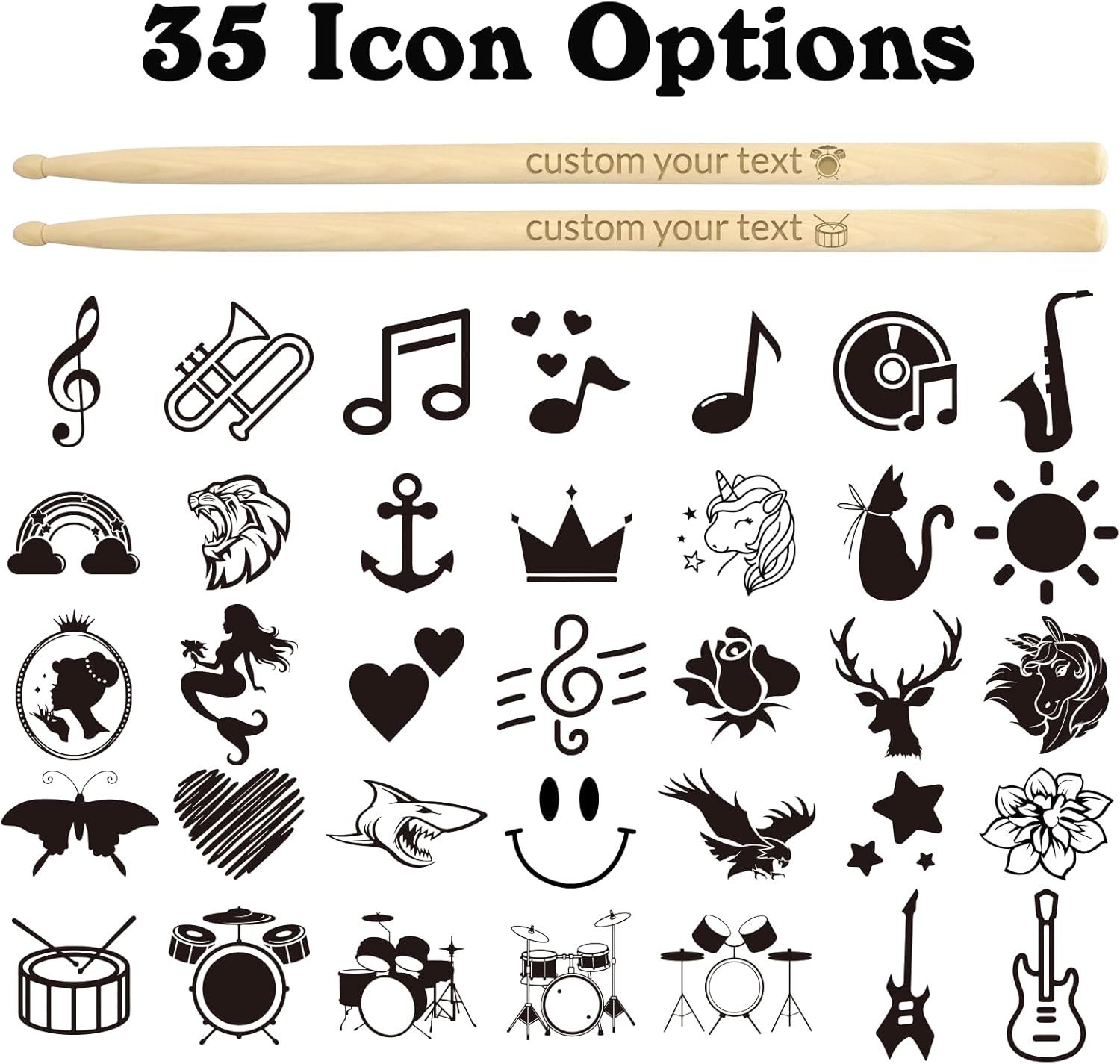 Showcases the variety of icon customization options available for the product, helping shoppers understand the range of designs they can choose from to personalize their purchase.
