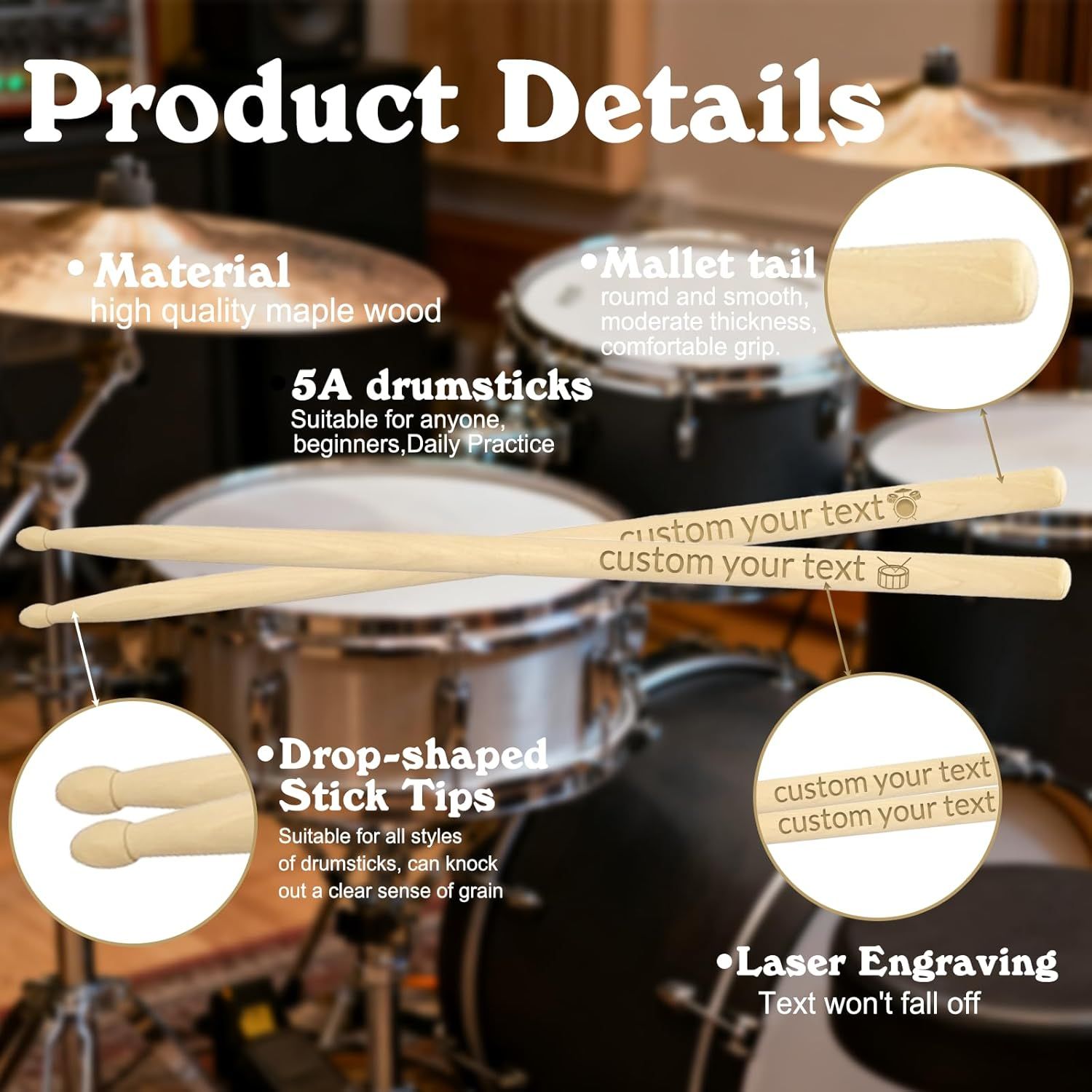 This image breaks down the physical components and construction details of the drumsticks, highlighting material quality, tip shape, grip design, and customization features to help shoppers…