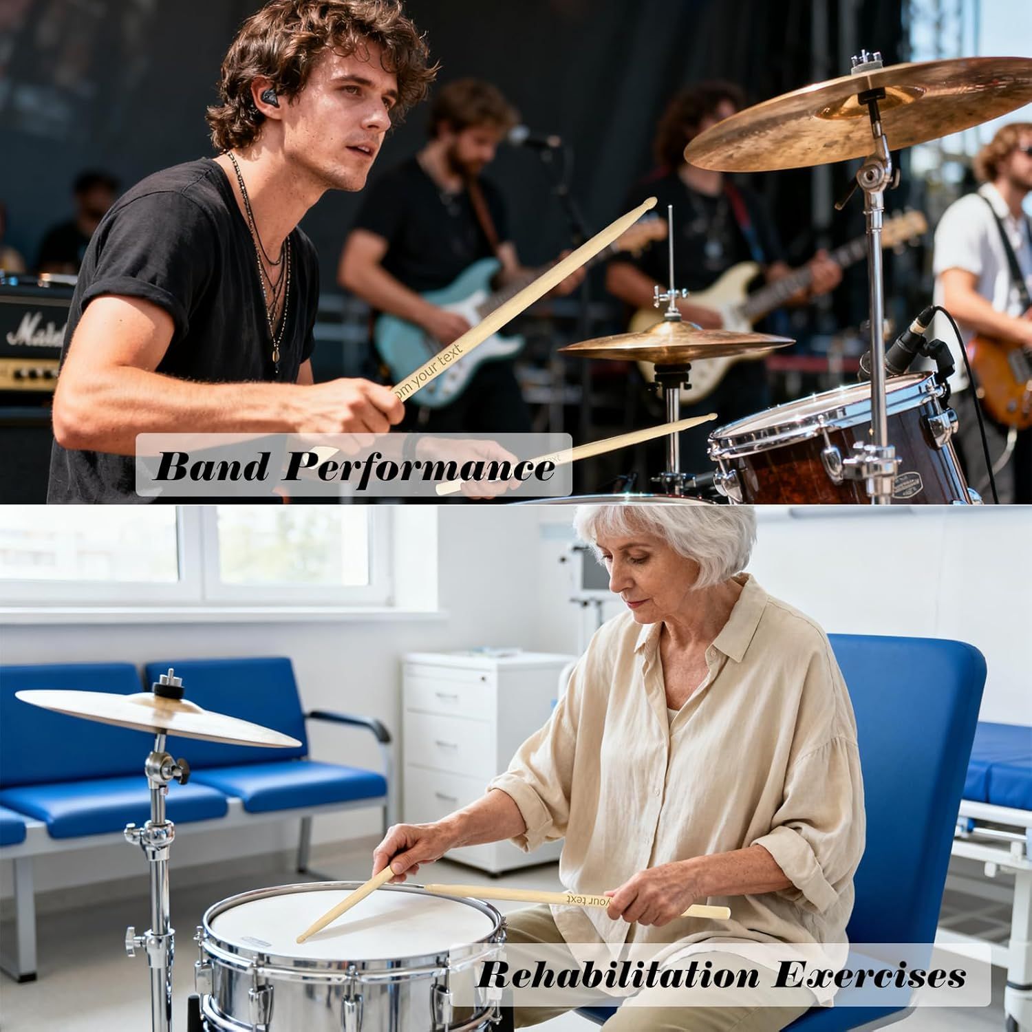 Demonstrates the product's versatility by showing two distinct use cases: professional band performance and therapeutic rehabilitation exercises, reassuring shoppers that the drumsticks work across…