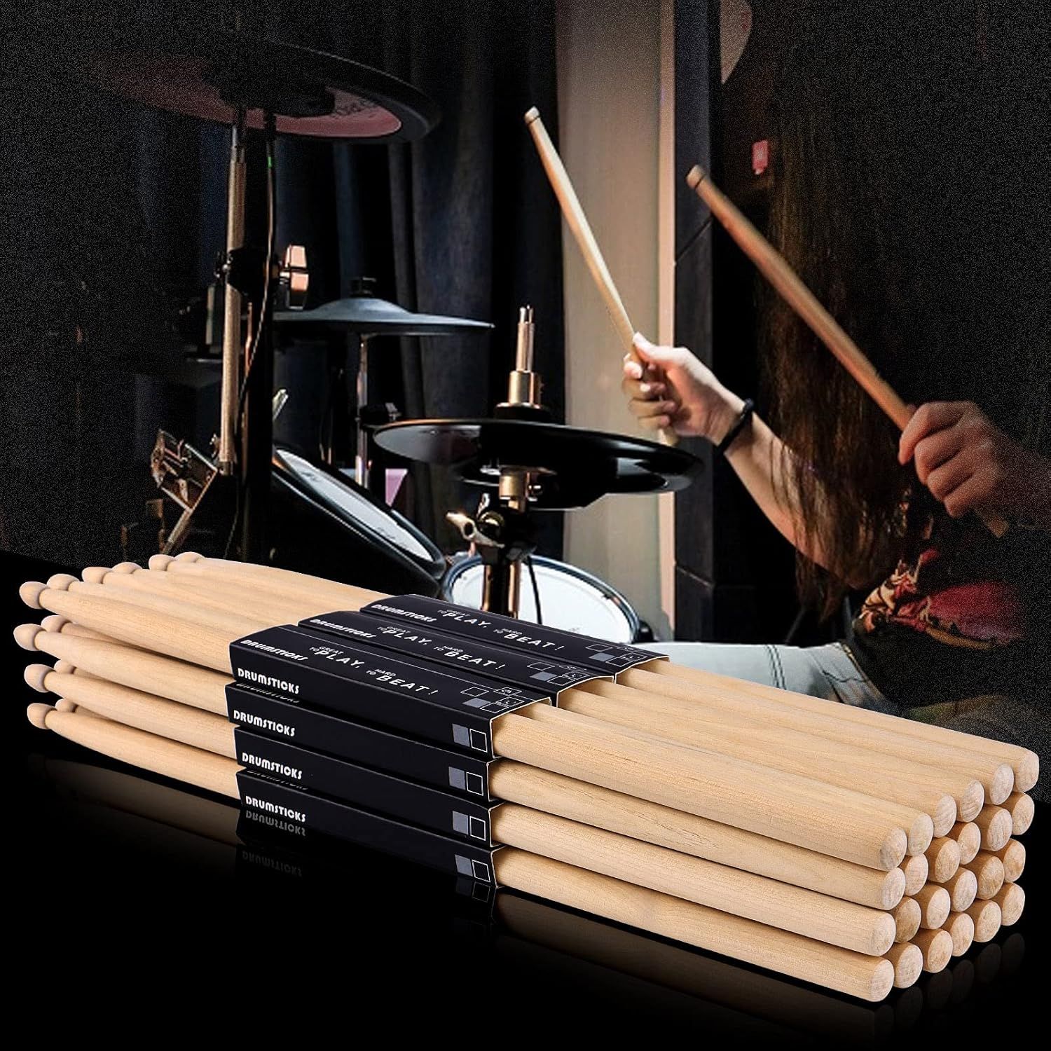 Shows the customer receives multiple pairs of drumsticks in this bundle, demonstrating the value and quantity included with purchase.