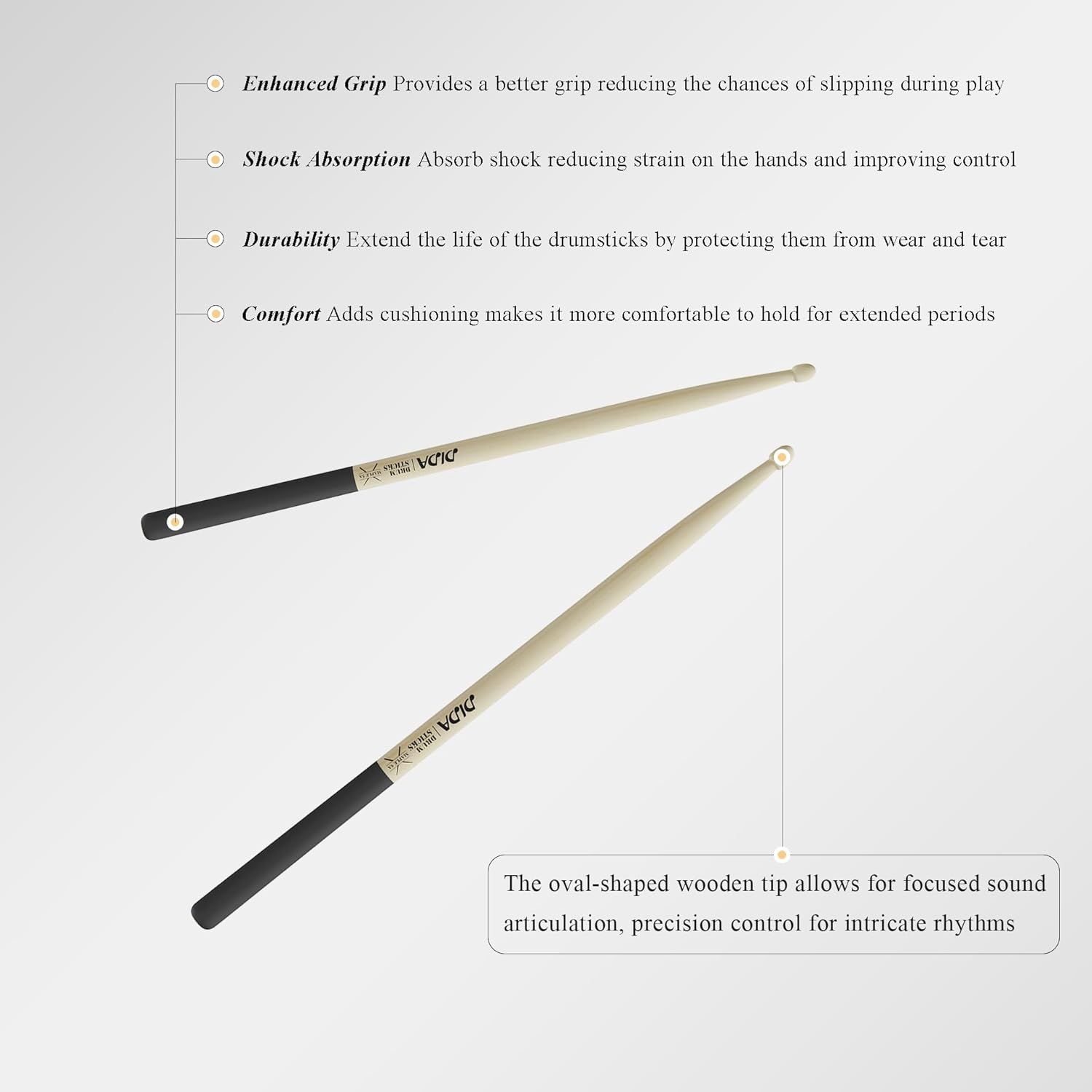 Communicates multiple distinct benefits of the drumsticks including grip, shock absorption, durability, comfort, and sound precision to help shoppers understand the comprehensive value proposition.
