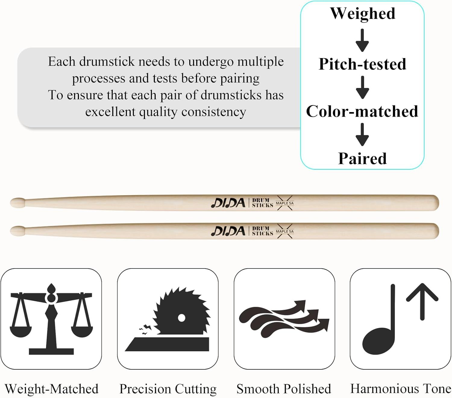 Explains the multi-step quality control process drumsticks undergo before pairing, reassuring shoppers of consistent quality and careful manufacturing standards. Highlights multiple quality features…